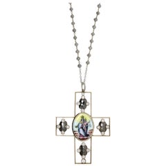 Grey Milky and White Diamond Holy Image Handmade in Italy Cross Pendant Necklace