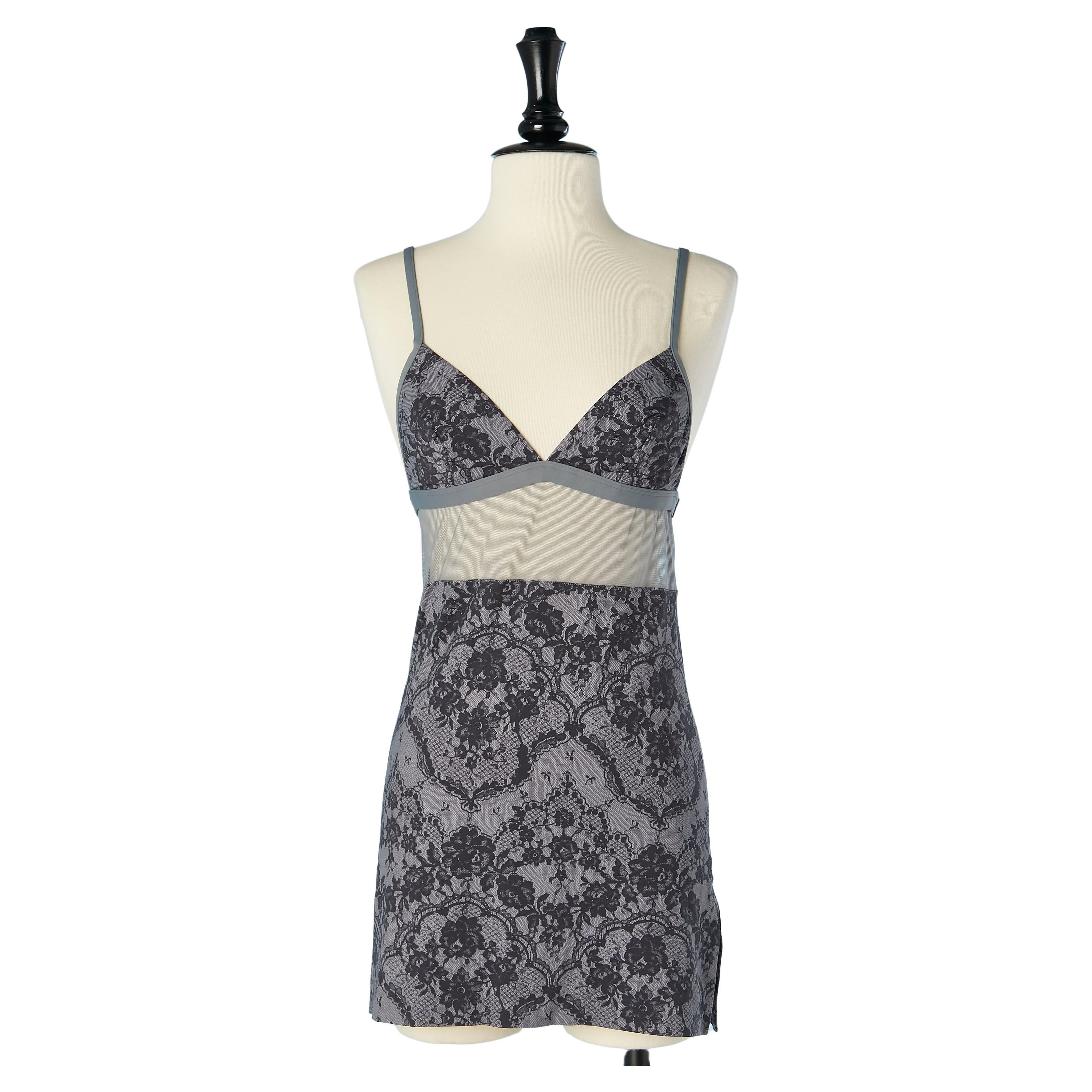 Grey mini slip dress with black laces print La Perla Studio 2  For Sale