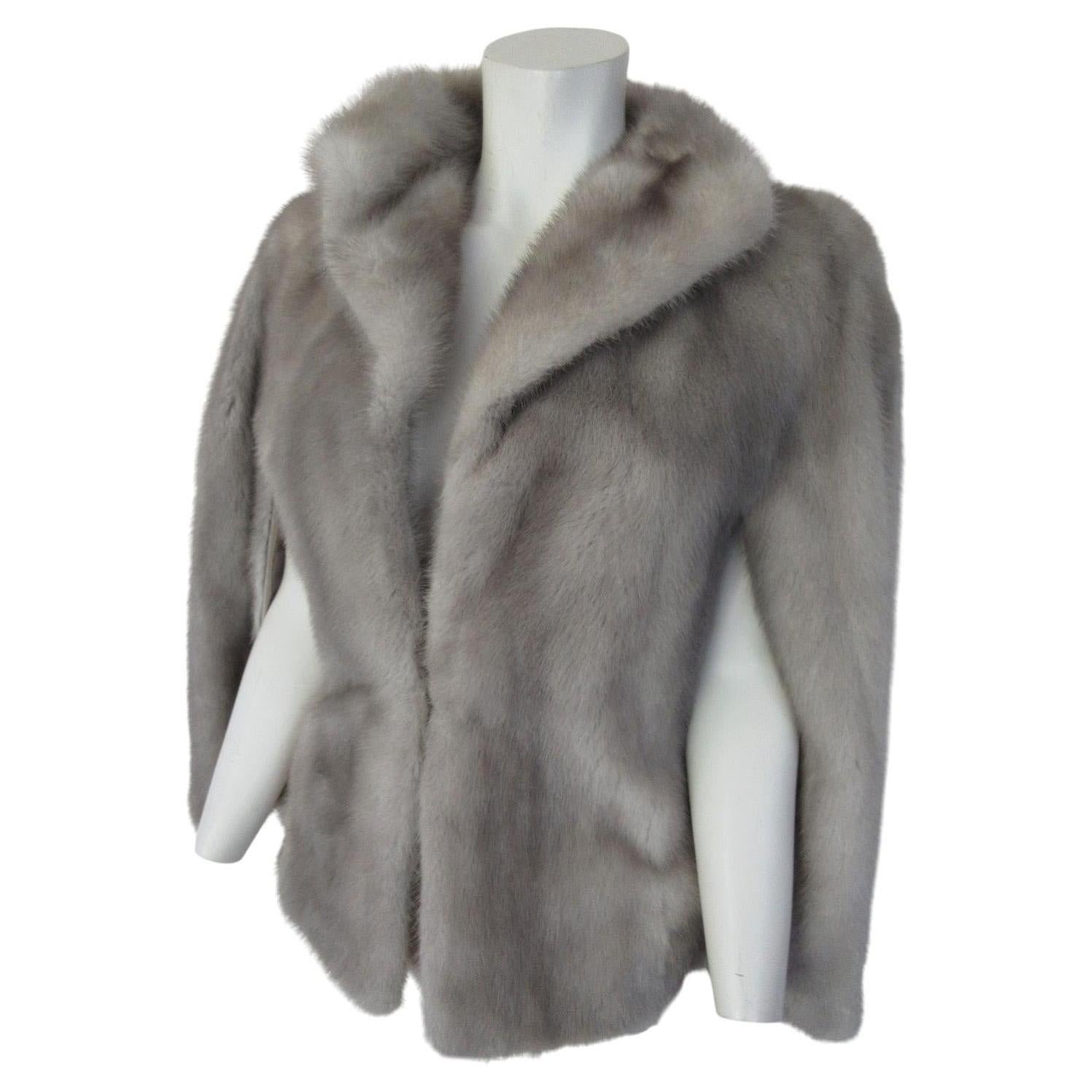 Grey Mink Fur Stole Cape with Silk Lining and Pocket For Sale