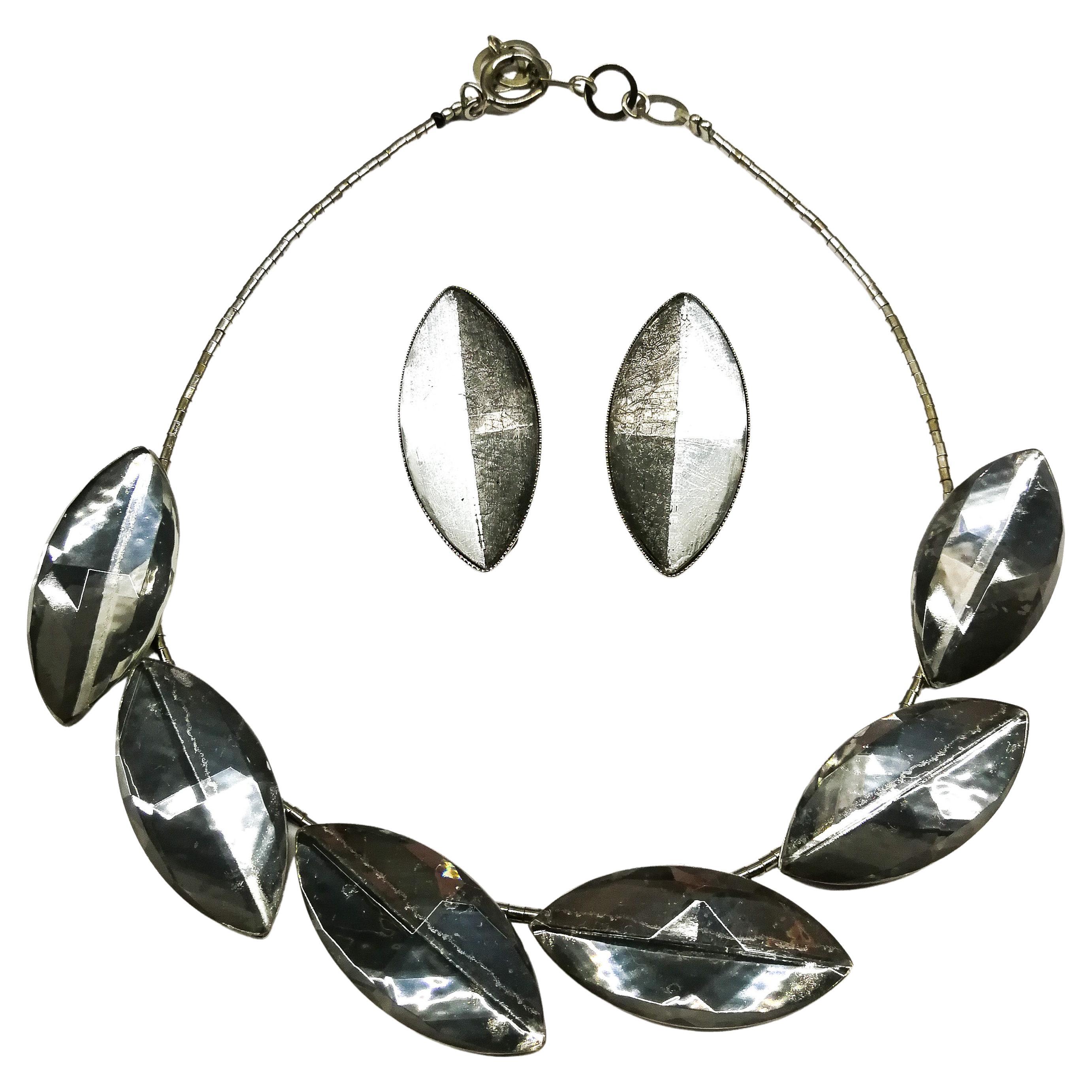 Grey mirrored glass 'leaf] necklace and earrings, Langani, Germany, 1970s For Sale