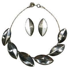 Grey mirrored glass 'leaf] necklace and earrings, Langani, Germany, 1970s