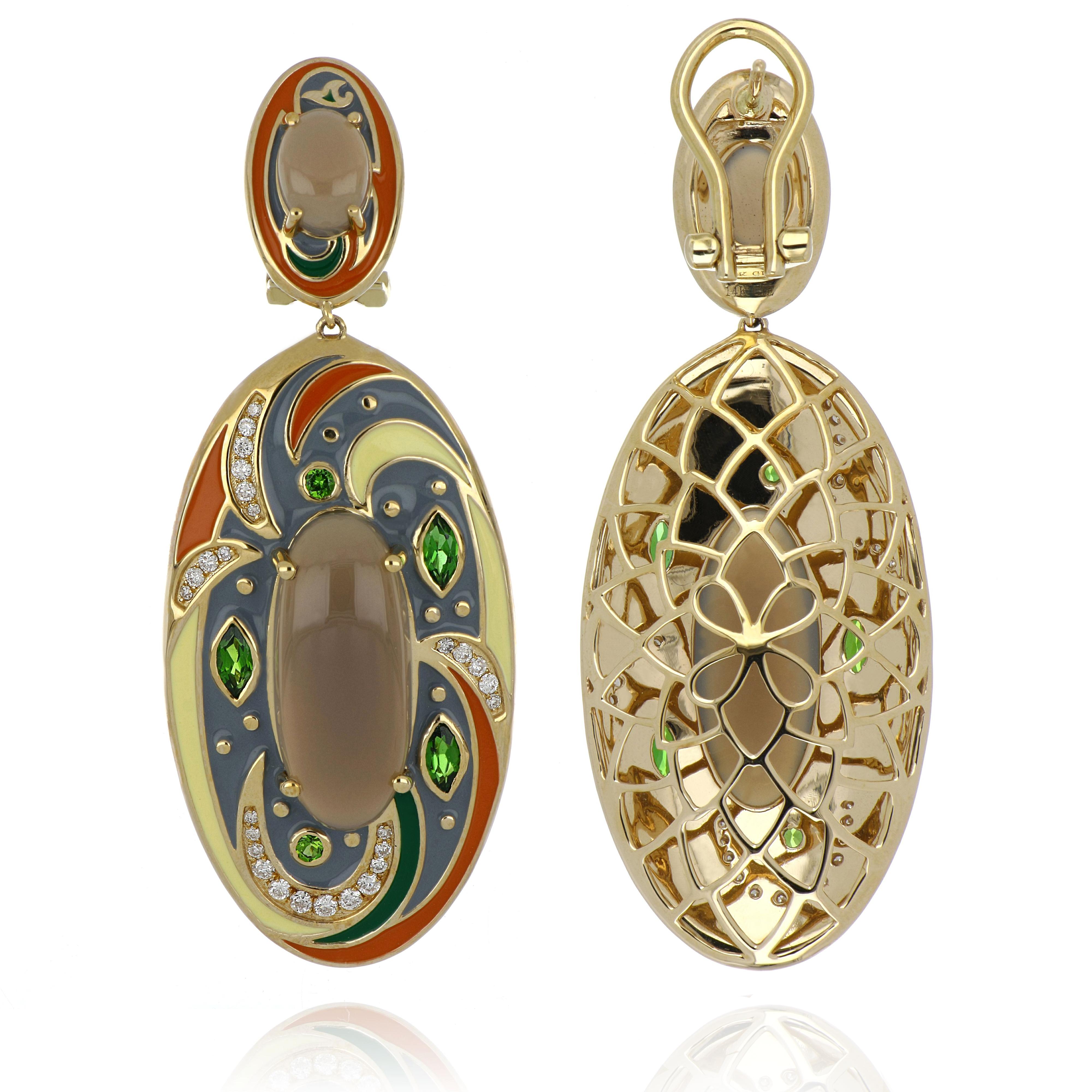 Boucles d'oreilles en pierre de lune grise et chrome Diopside en émail clouté de couleur  Or 14 carats en vente 4