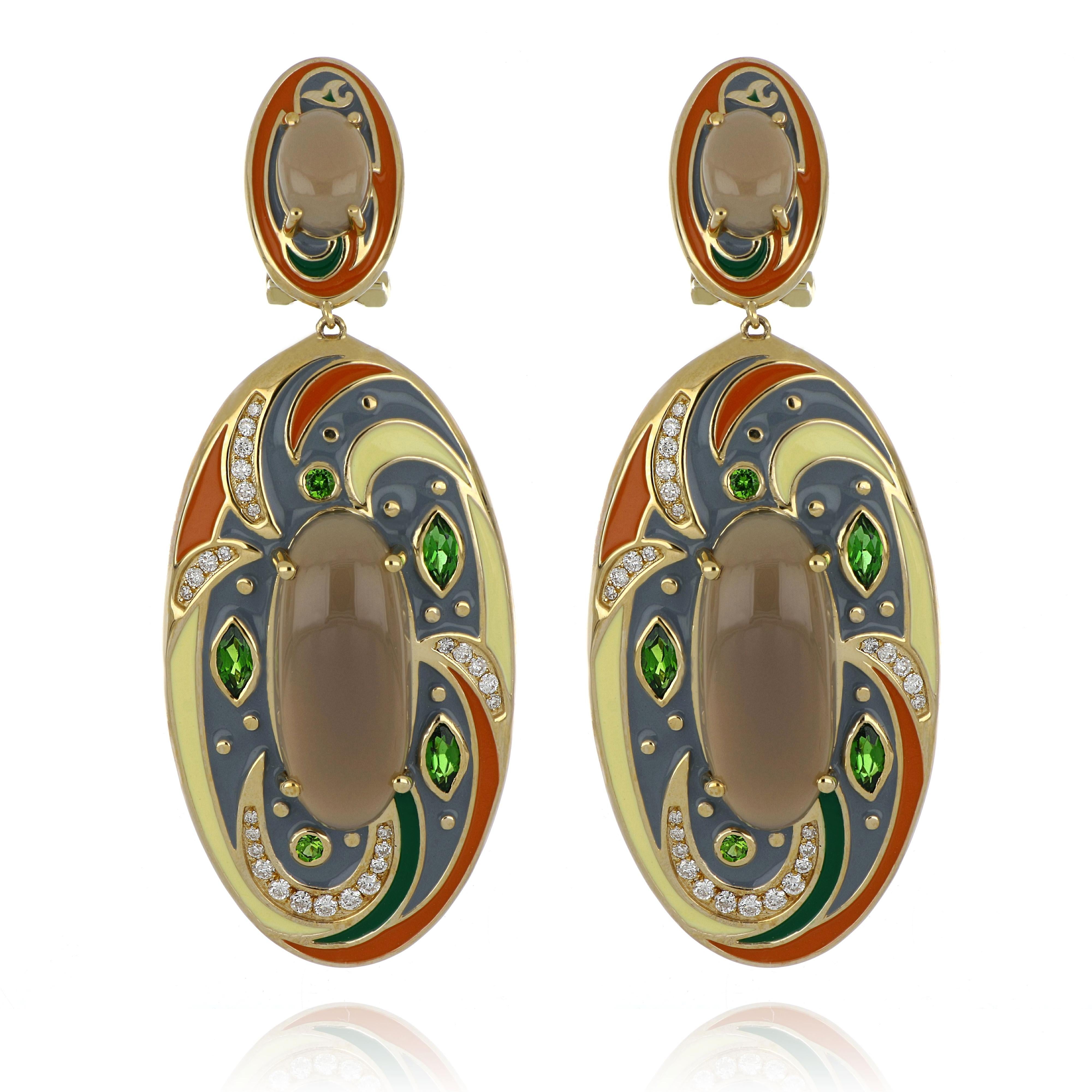 Boucles d'oreilles en pierre de lune grise et chrome Diopside en émail clouté de couleur  Or 14 carats en vente 5