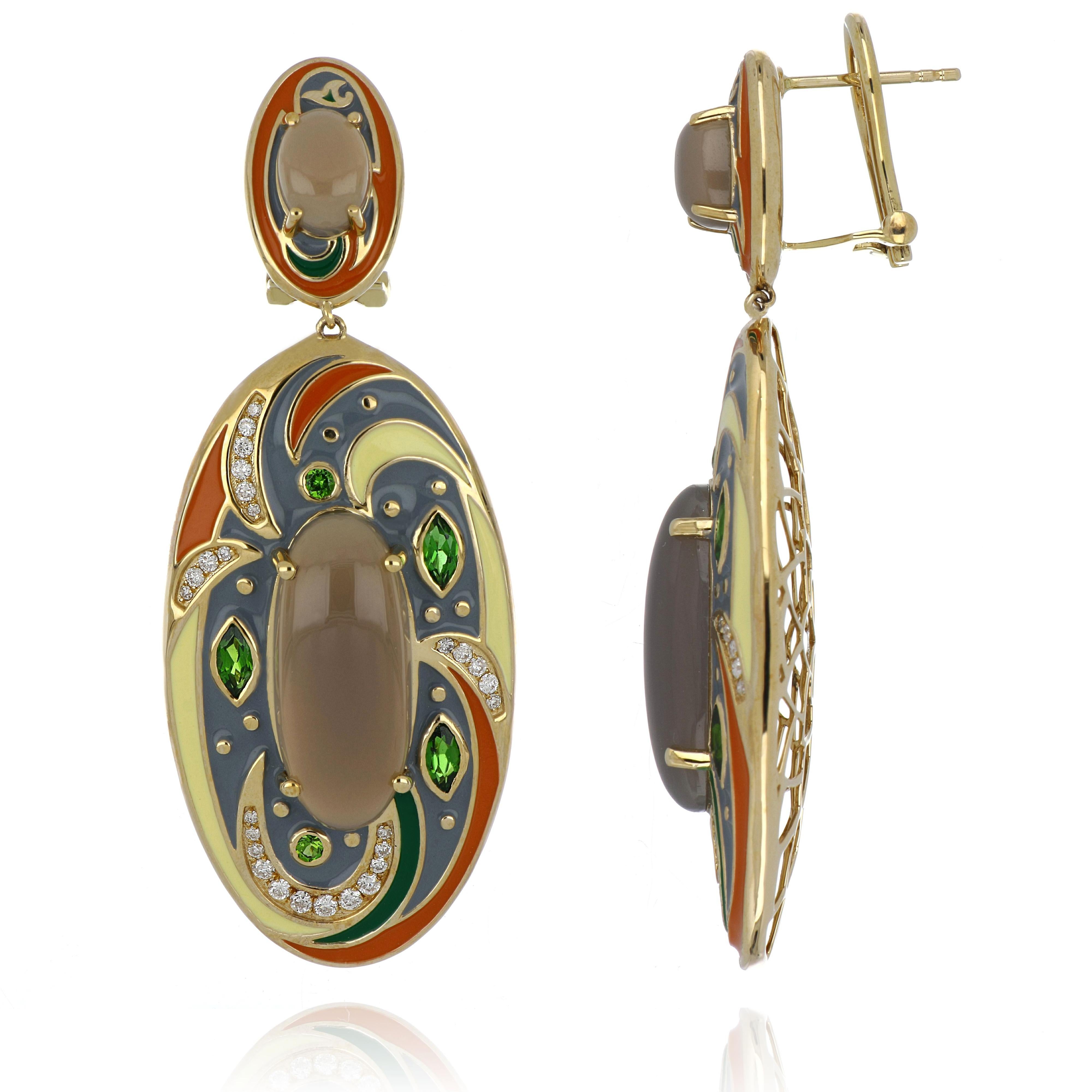 Boucles d'oreilles en pierre de lune grise et chrome Diopside en émail clouté de couleur  Or 14 carats en vente 3