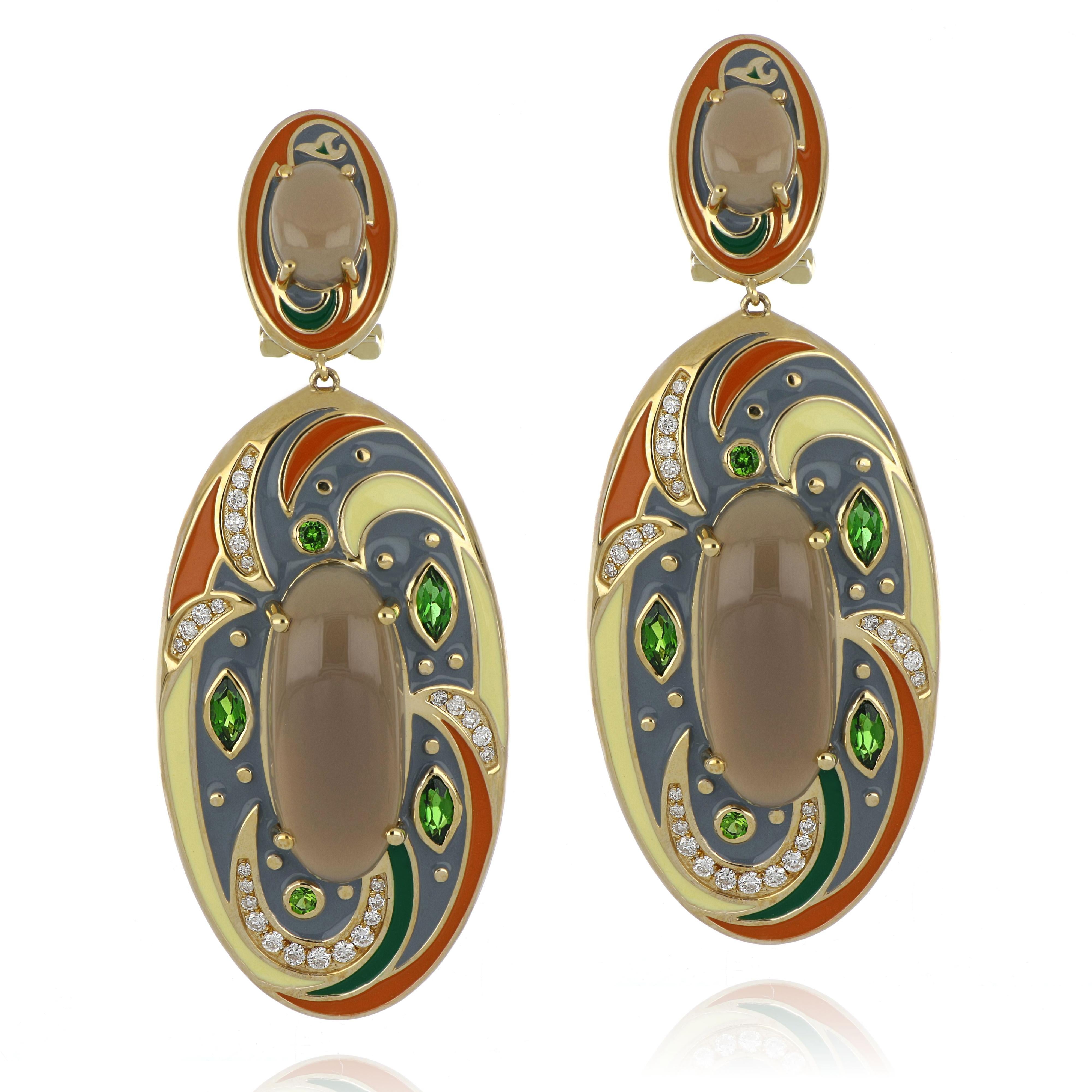 Elegant and exquisite Multi Color Enamel Cocktail 14 K Earring, set with Oval Cabochon Grey Moonstone Weighing 9.80 Cts. (Total), with 0.72 Cts. Chrome Diopside Marquise and Round Cut and accented with 0.30 Cts. (Total) Brilliant Cut Diamonds.