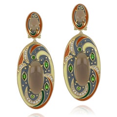 Grey Moon Stone and Chrome Diopside Studded Color Enamel Earrings  14 Karat Gold