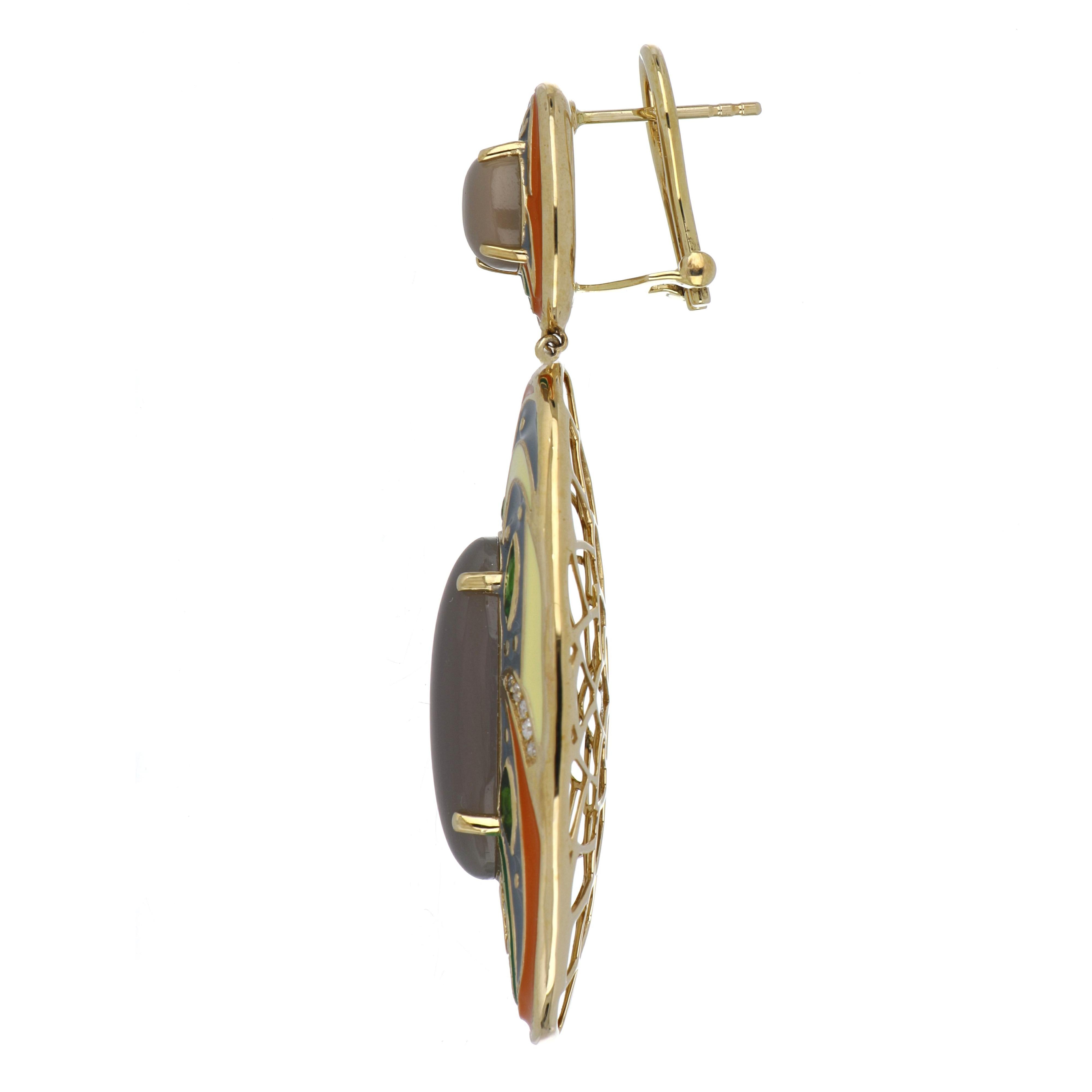 Boucles d'oreilles en pierre de lune grise et chrome Diopside en émail clouté de couleur  Or 14 carats en vente 1