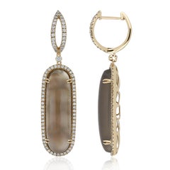 Grey Moon Stone and Diamond Earring 14 Karat Yellow Gold