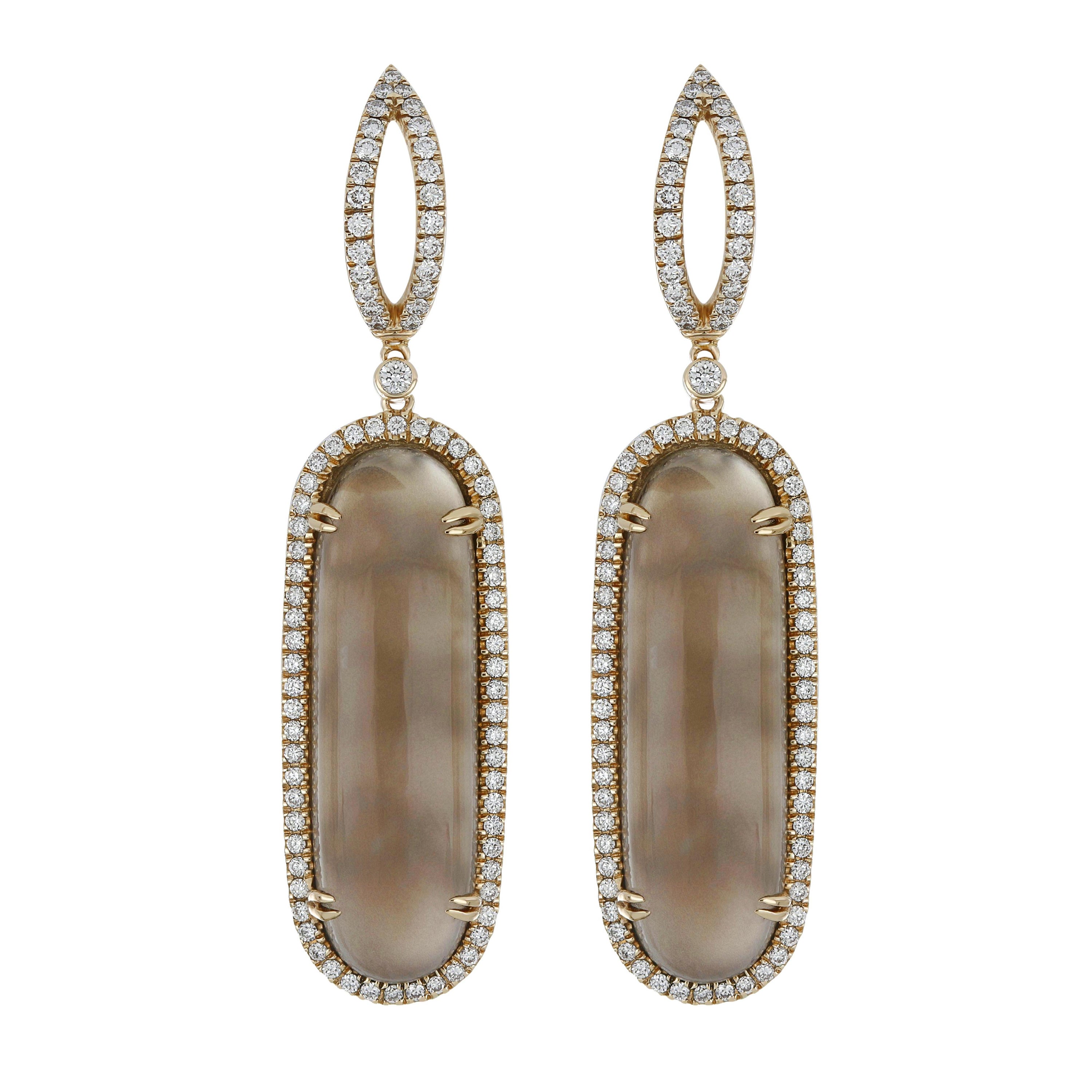Grey Moon Stone and Diamond Earring 14 Karat Yellow Gold For Sale