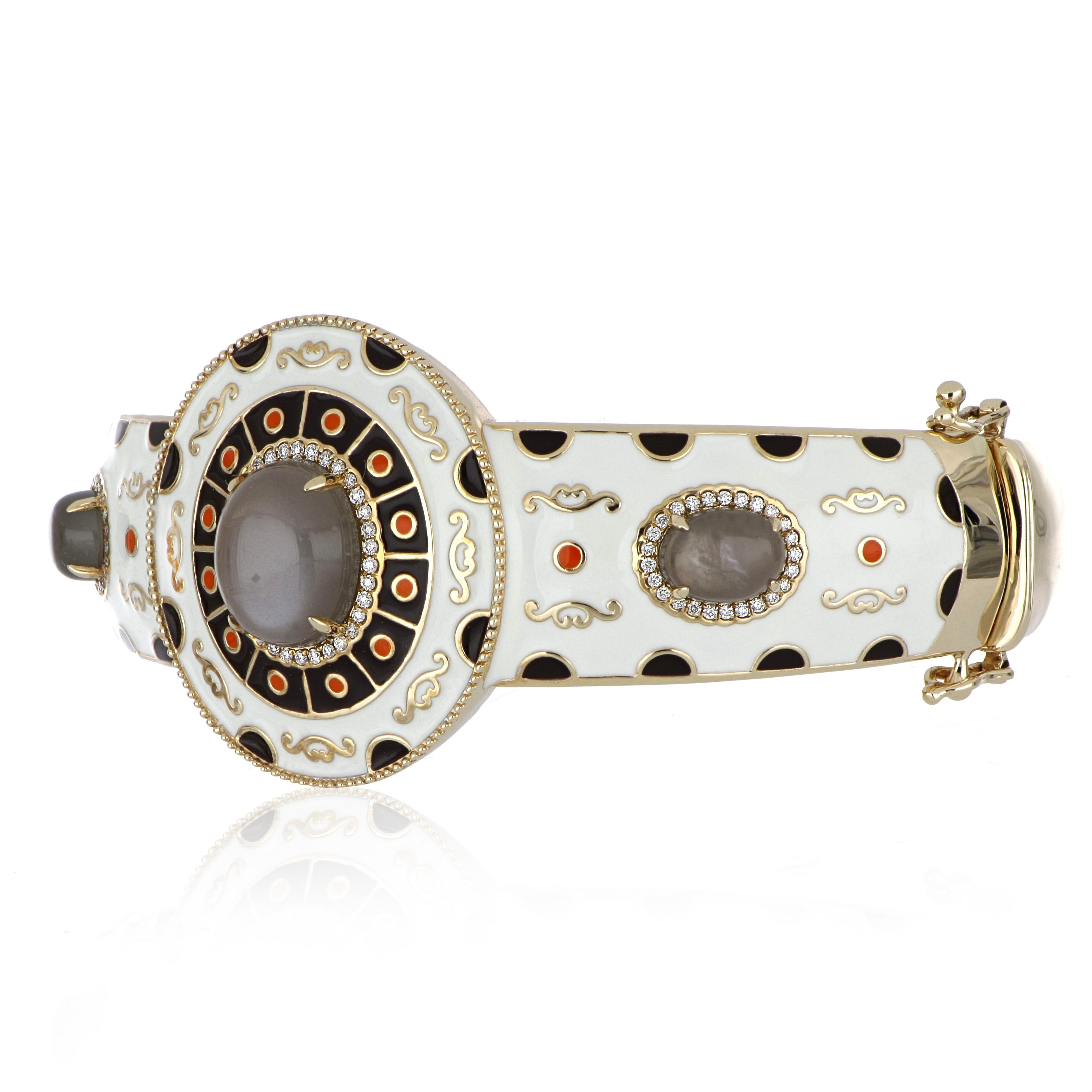 Elegant and exquisitely details Enamel Bangle in 14 KYG center set with 5.58 Cts. Cabochon Cut Grey Moonstone. Surrounded with Diamonds, weighing approx. 0.37 Cts. enhanced with detailed Multi Color Enamel and 3.12 Cts (Total) Grey Moonstone on