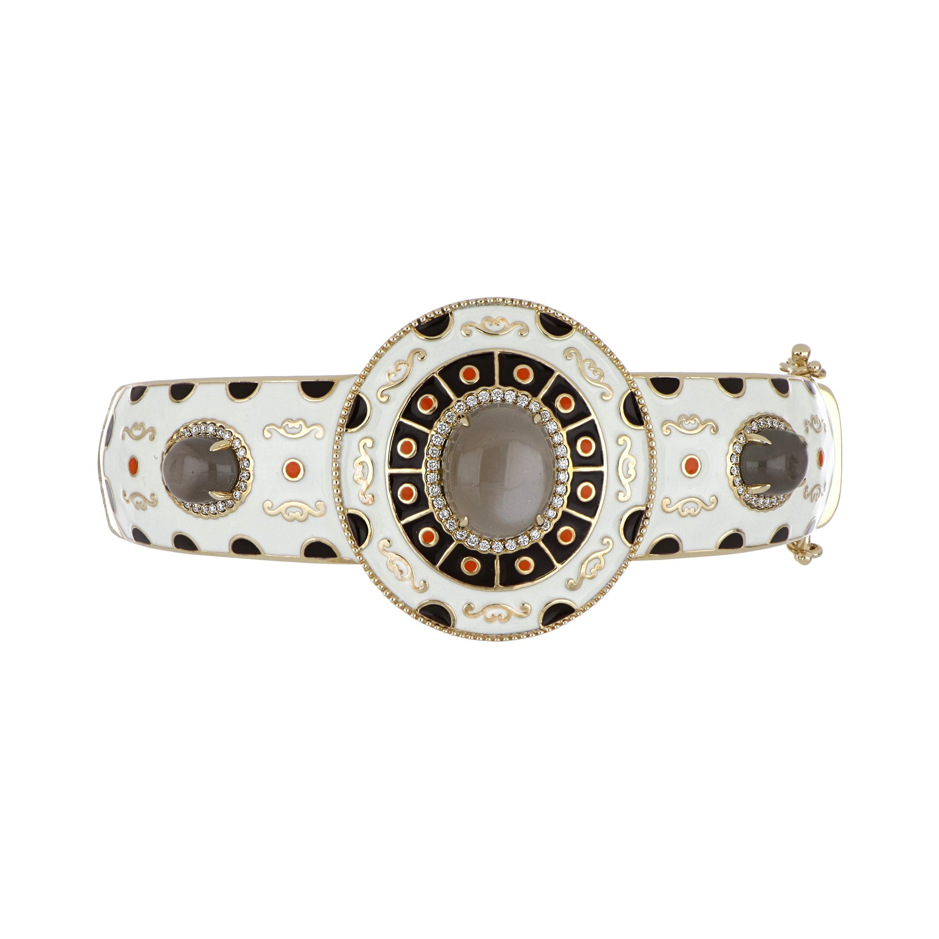 Bracelet jonc en or jaune 14 carats avec pierre de lune grise en émail multicolore et diamants en vente