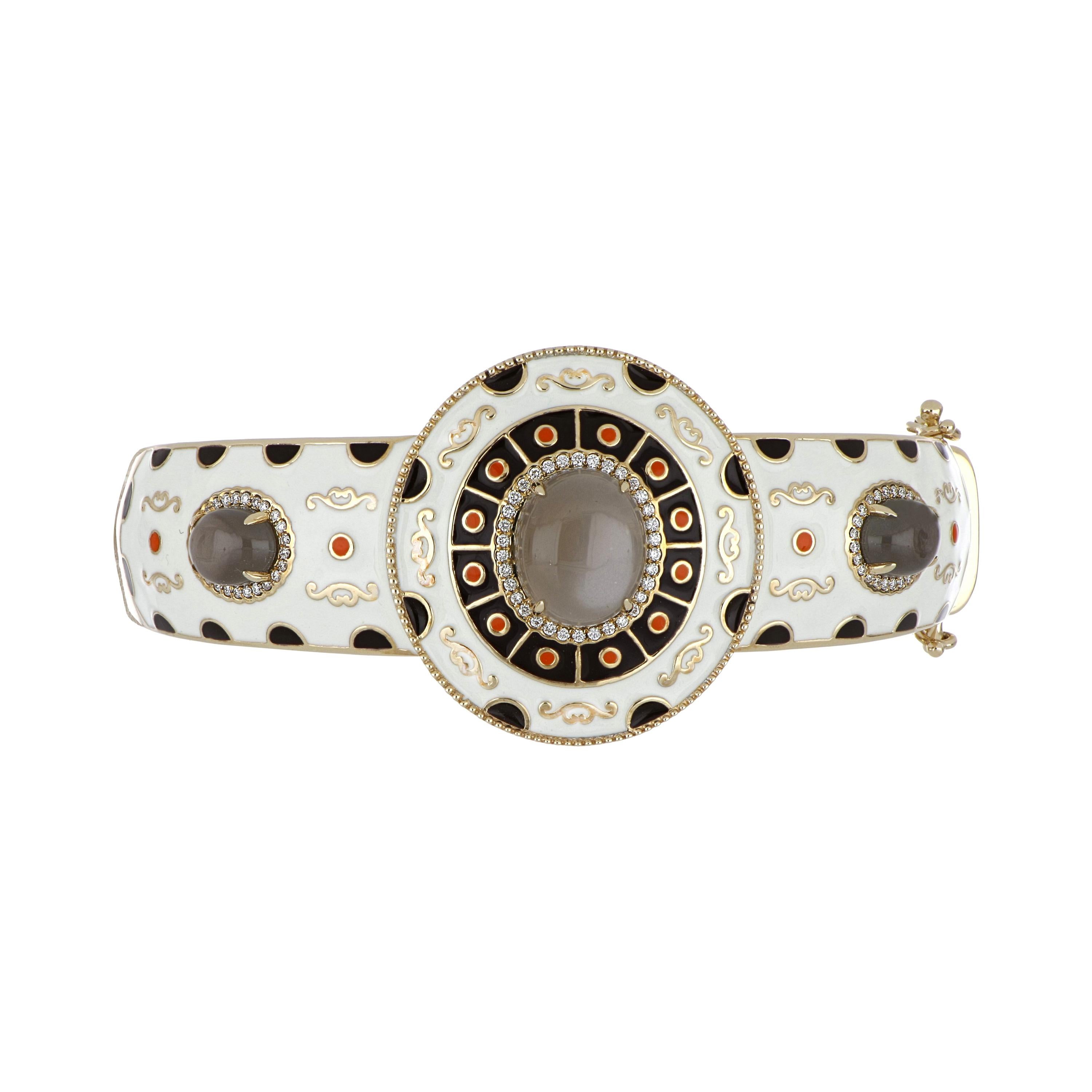 Bracelet jonc en or jaune 14 carats avec pierre de lune grise en émail multicolore et diamants