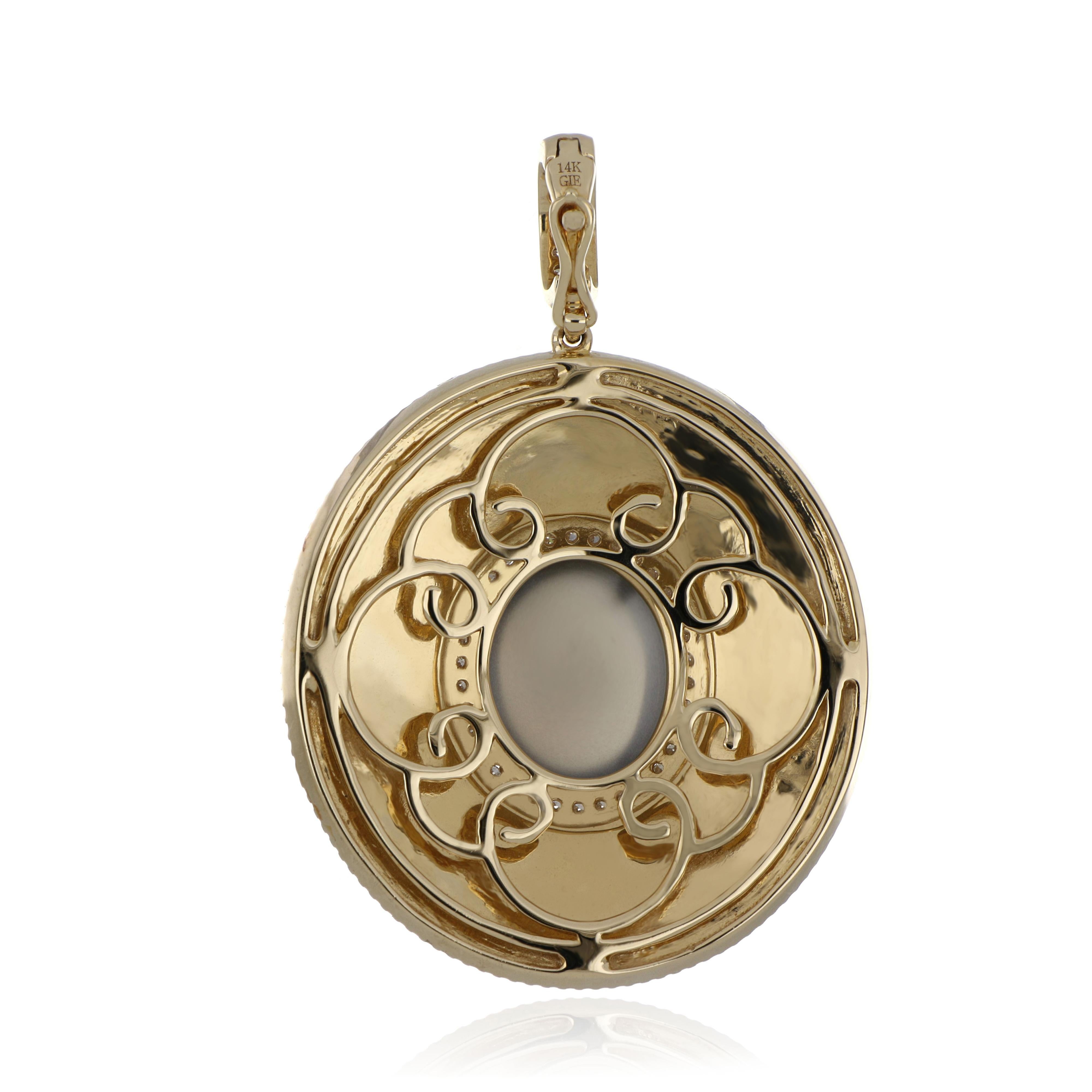 Grey Moonstone and Diamond Studded Enamel Pendant in 14 Karat Gold In New Condition For Sale In JAIPUR, IN