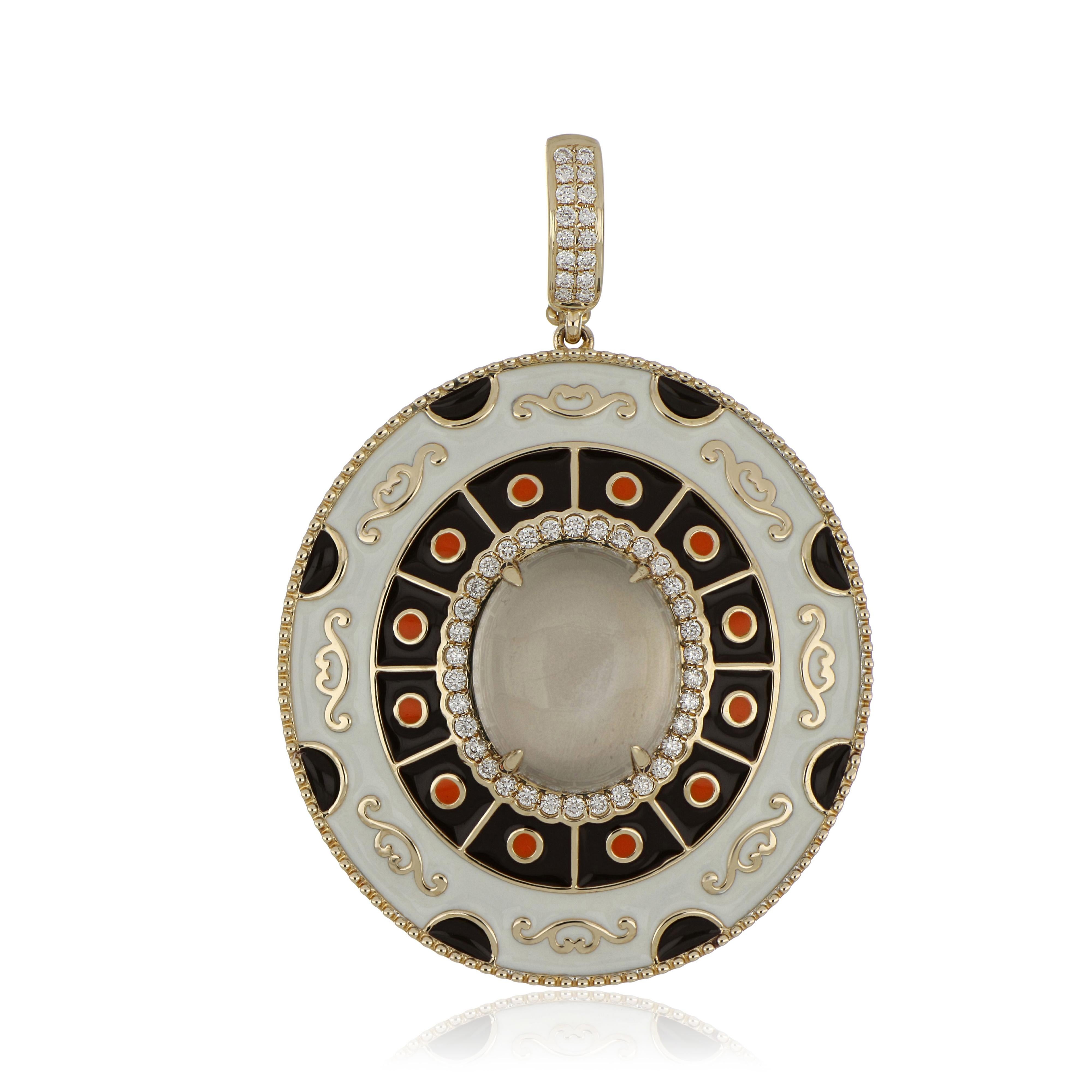 Contemporary Grey Moonstone and Diamond Studded Enamel Pendant in 14 Karat Gold For Sale