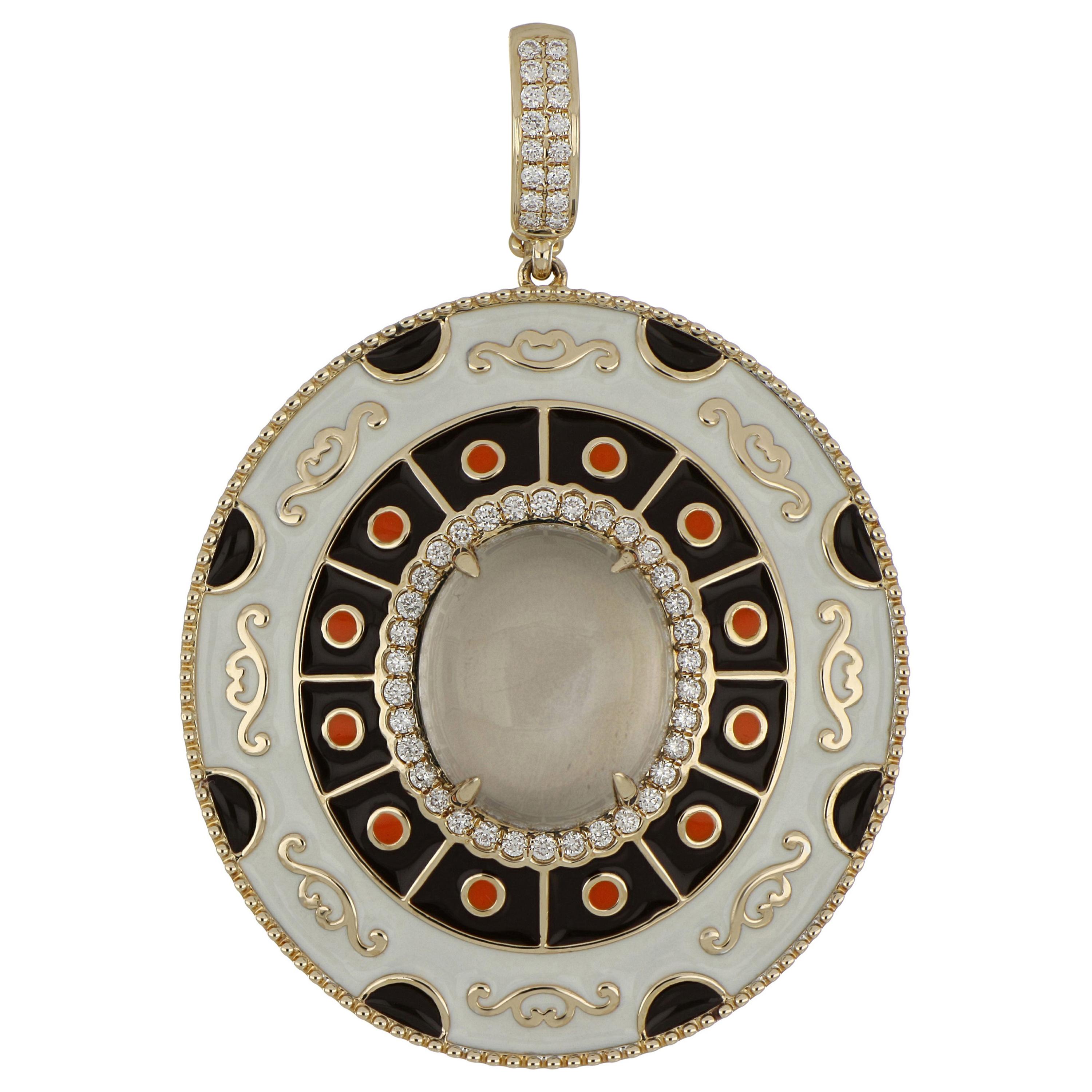 Grey Moonstone and Diamond Studded Enamel Pendant in 14 Karat Gold For Sale