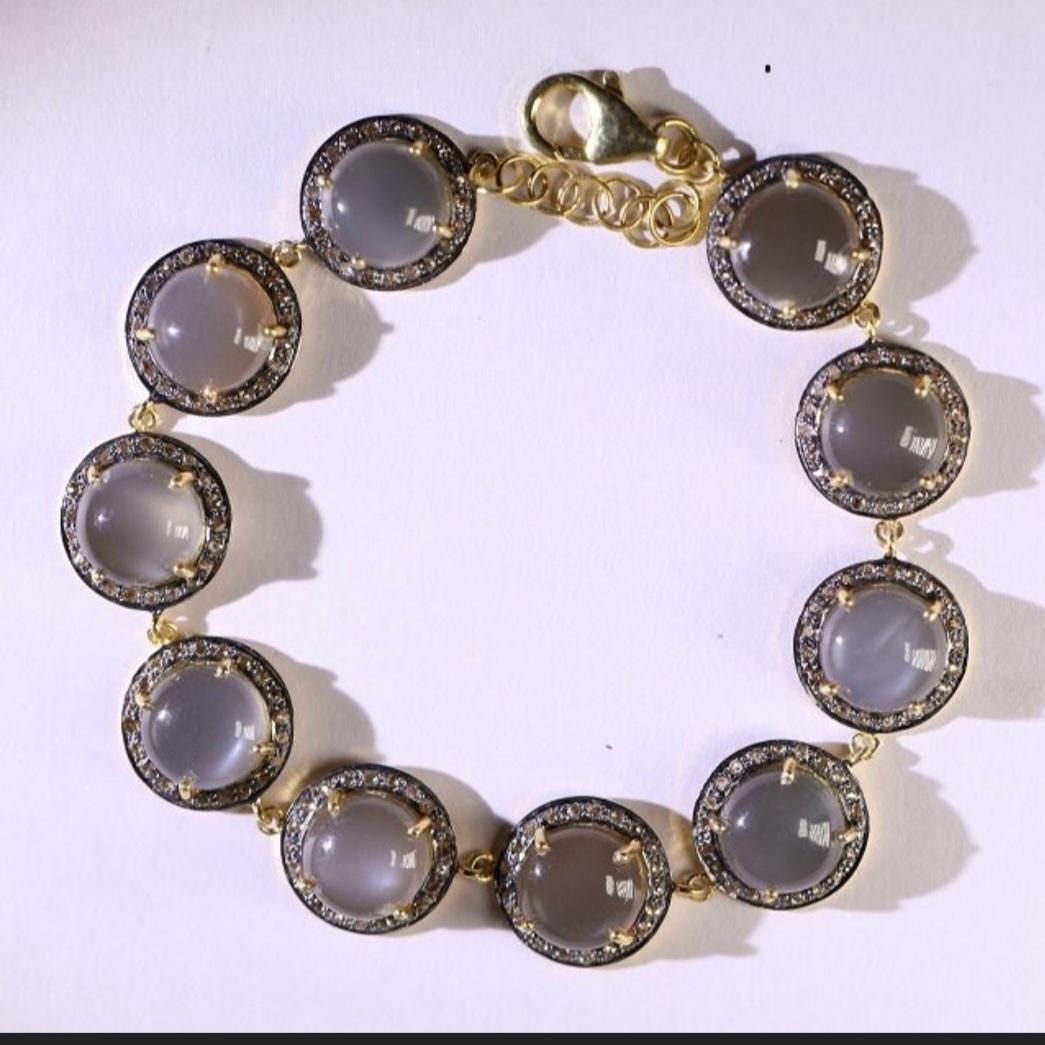 Women's or Men's Grey Moonstone and Rose Cut 925 Silver Bracelet