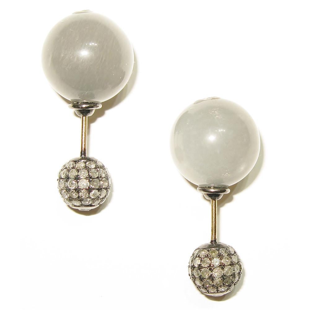 Mixed Cut Grey Moonstone & Pave Diamond Ball Tunnel Earrings Made in 14k Gold & Silver For Sale