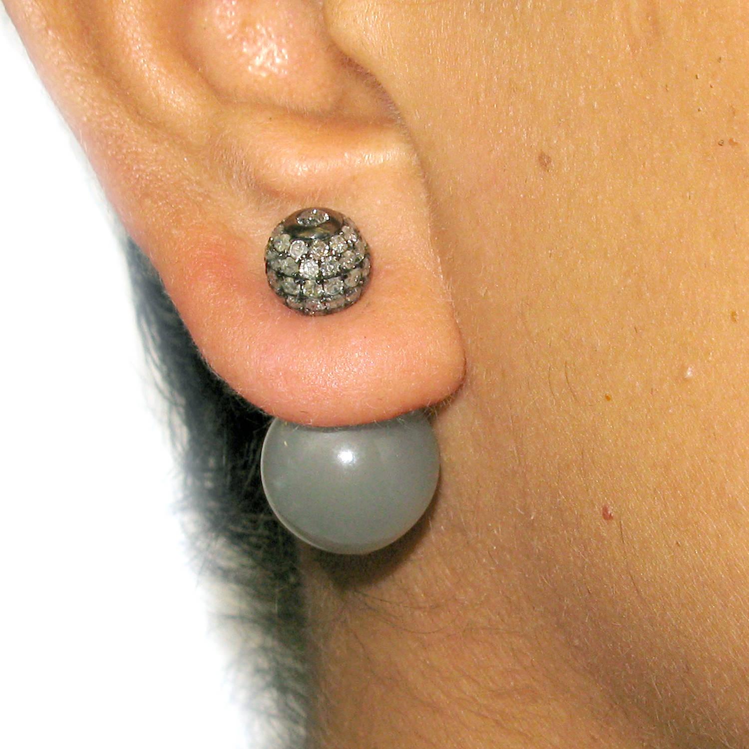 Artisan Grey Moonstone & Pave Diamond Ball Tunnel Earrings Made in 14k Gold & Silver For Sale