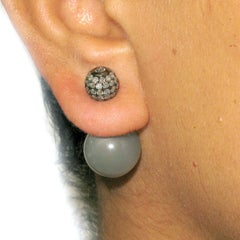 Grey Moonstone & Pave Diamond Ball Tunnel Earrings Made in 14k Gold & Silver