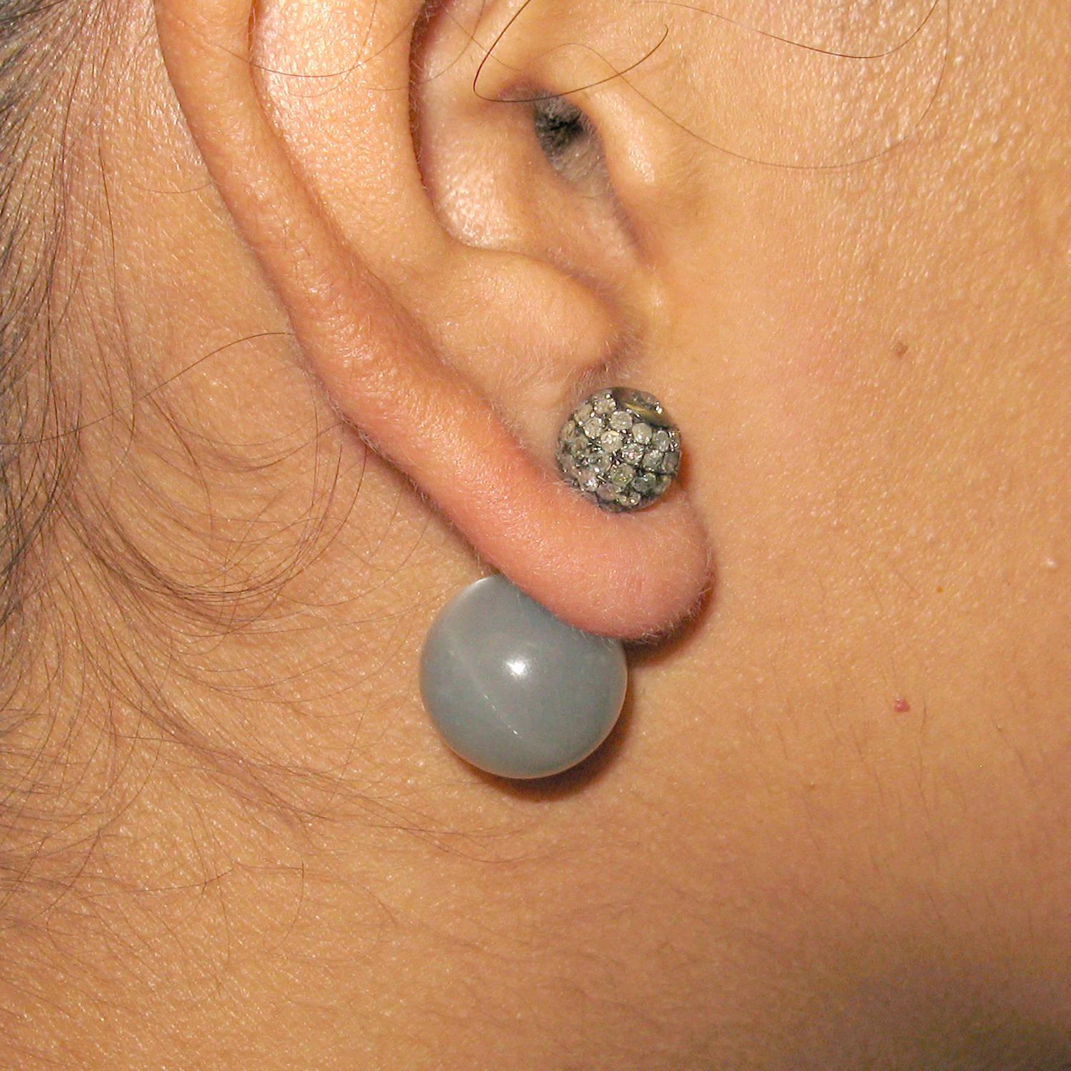 Mixed Cut Grey Moonstone & Pave Diamond Ball Tunnel Earrings Made in 14k Gold & Silver For Sale