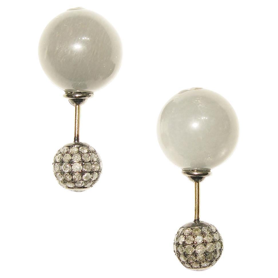 Grey Moonstone & Pave Diamond Ball Tunnel Earrings Made in 14k Gold & Silver For Sale