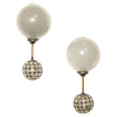 Grey Moonstone & Pave Diamond Ball Tunnel Earrings Made in 14k Gold & Silver