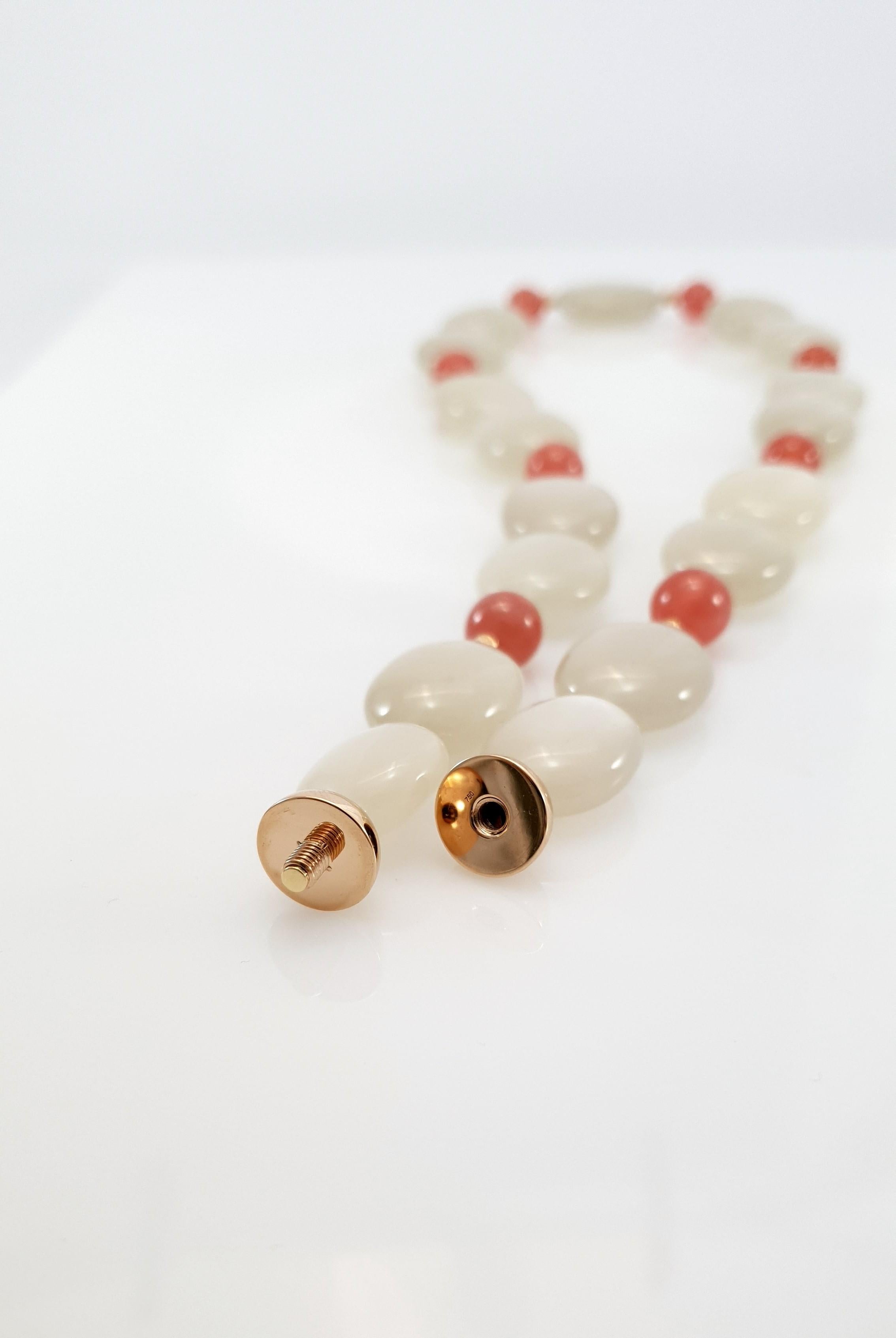 Grey Moonstone with Rhodochrosite Necklace with 18 Carat Rose Gold For Sale 4