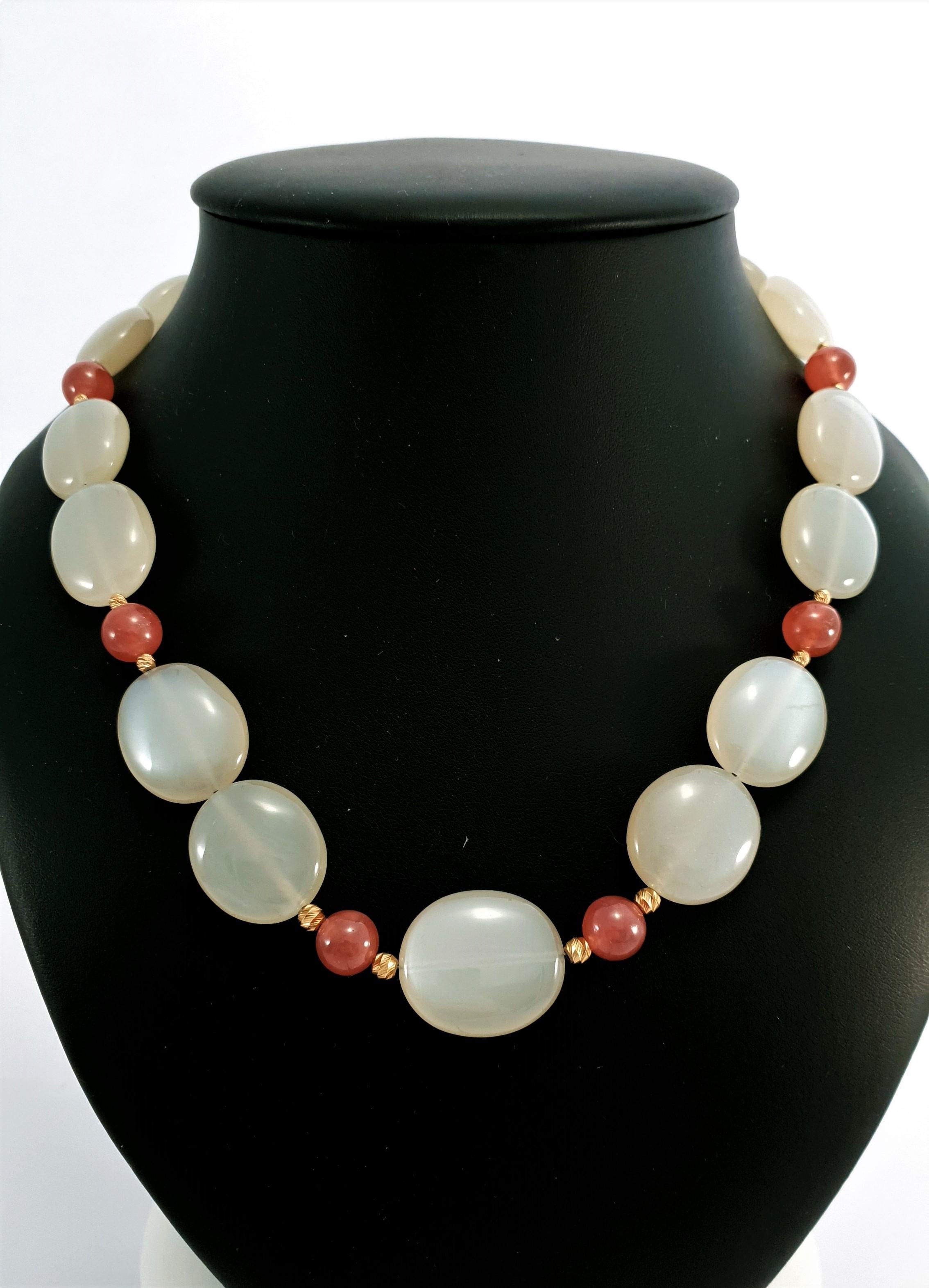 Grey Moonstone with Rhodochrosite Necklace with 18 Carat Rose Gold For Sale 5