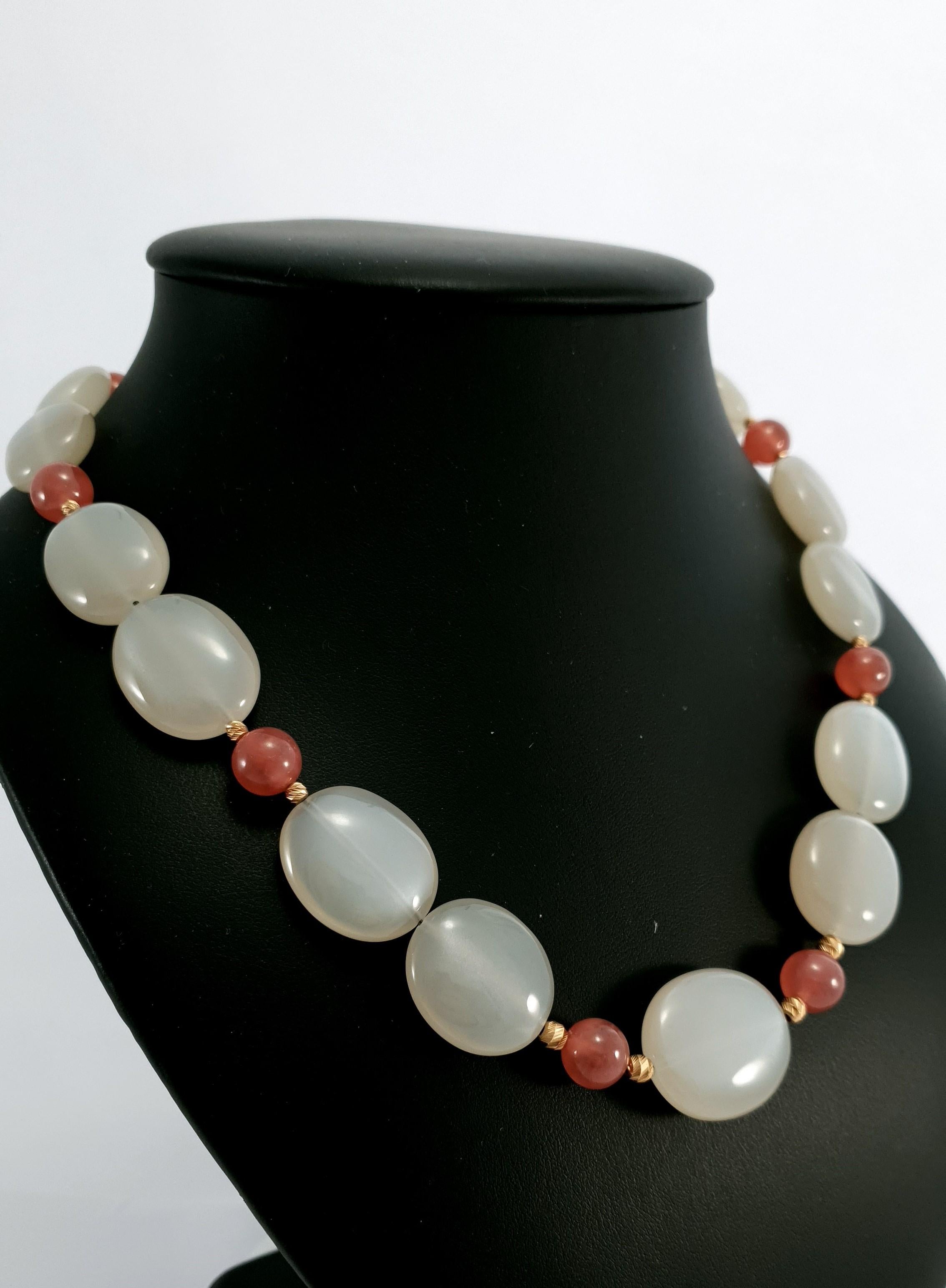 Grey Moonstone with Rhodochrosite Necklace with 18 Carat Rose Gold For Sale 6