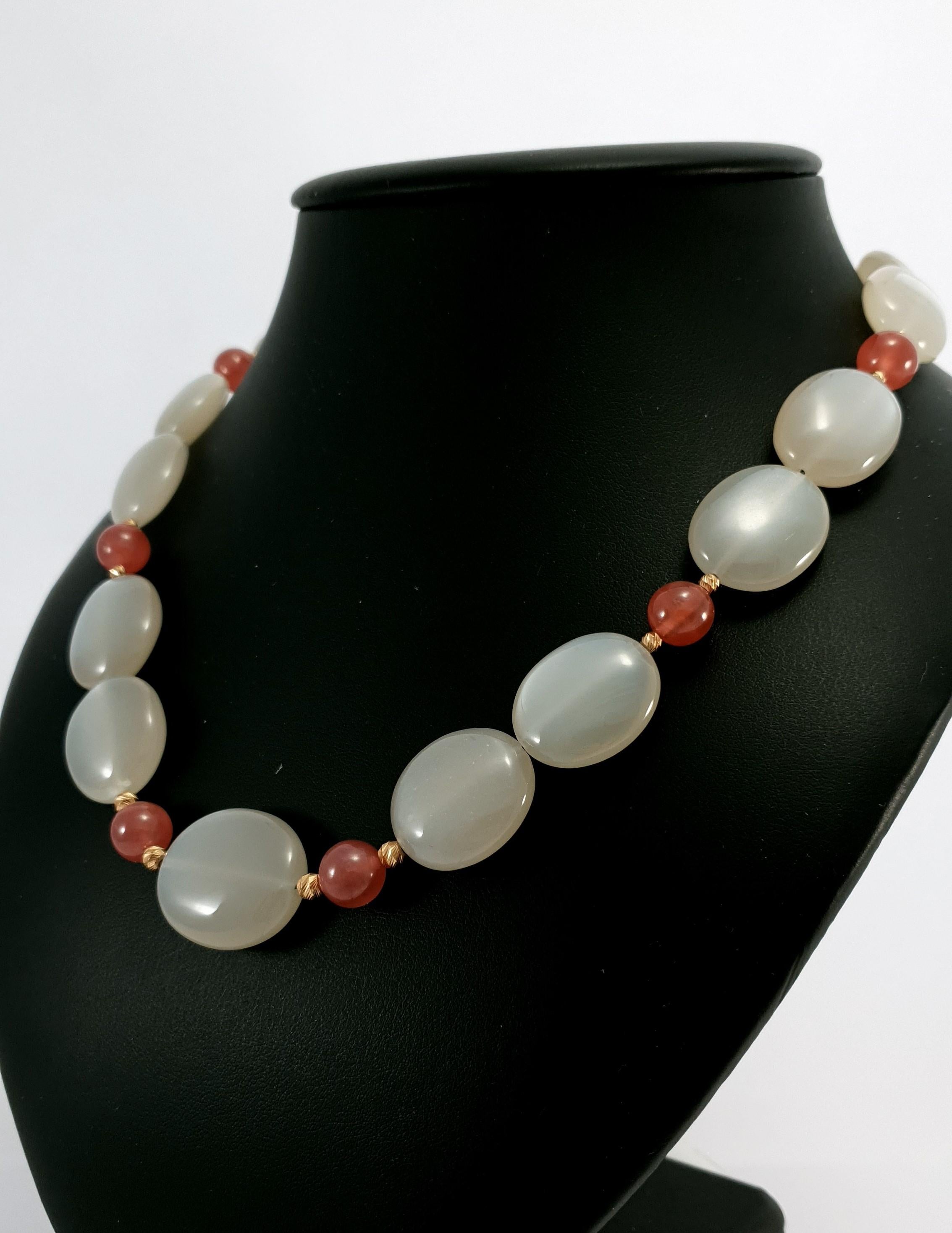 Grey Moonstone with Rhodochrosite Necklace with 18 Carat Rose Gold For Sale 7