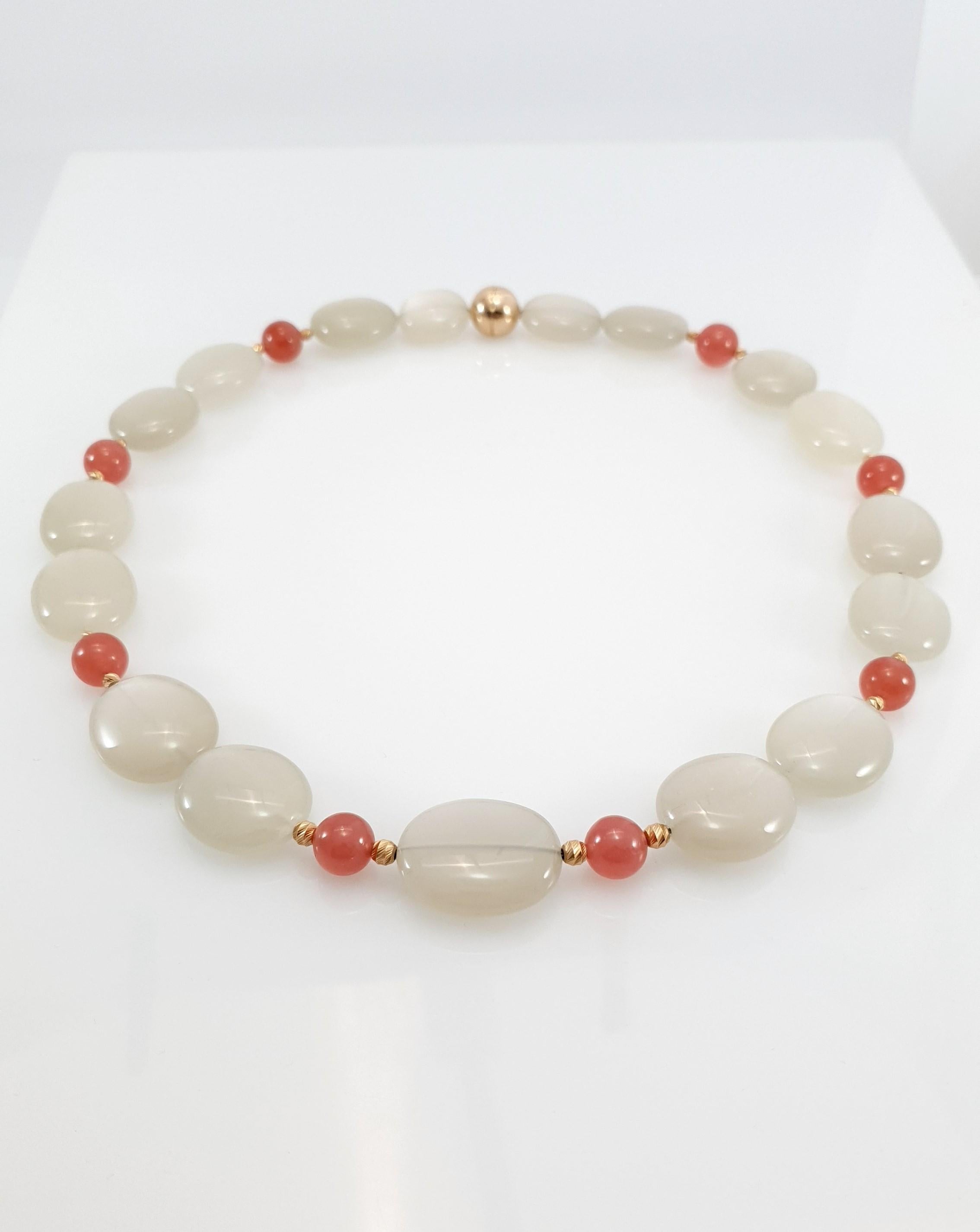 Grey Moonstone with Rhodochrosite Necklace with 18 Carat Rose Gold For Sale 8