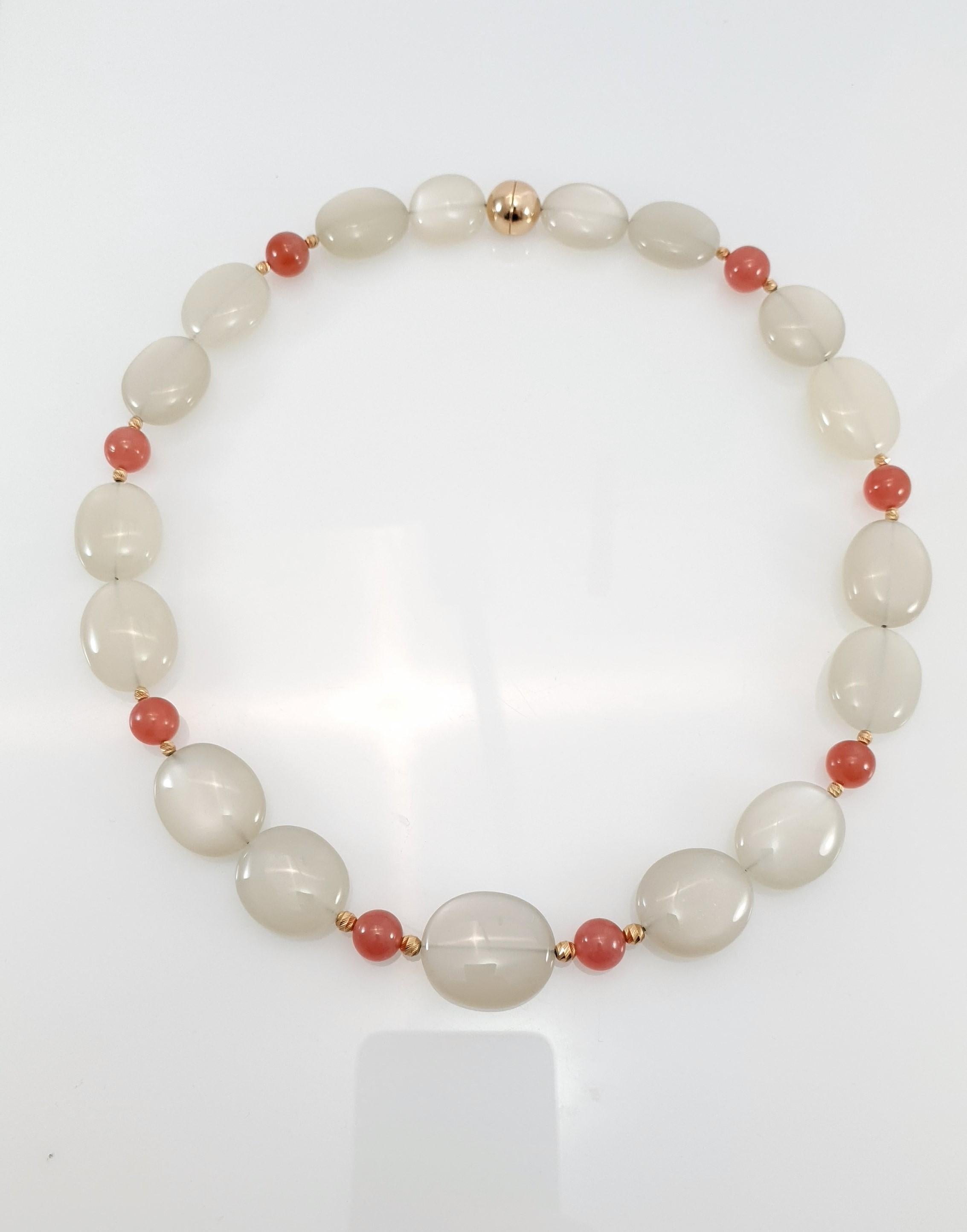 Grey Moonstone with Rhodochrosite Necklace with 18 Carat Rose Gold For Sale 9