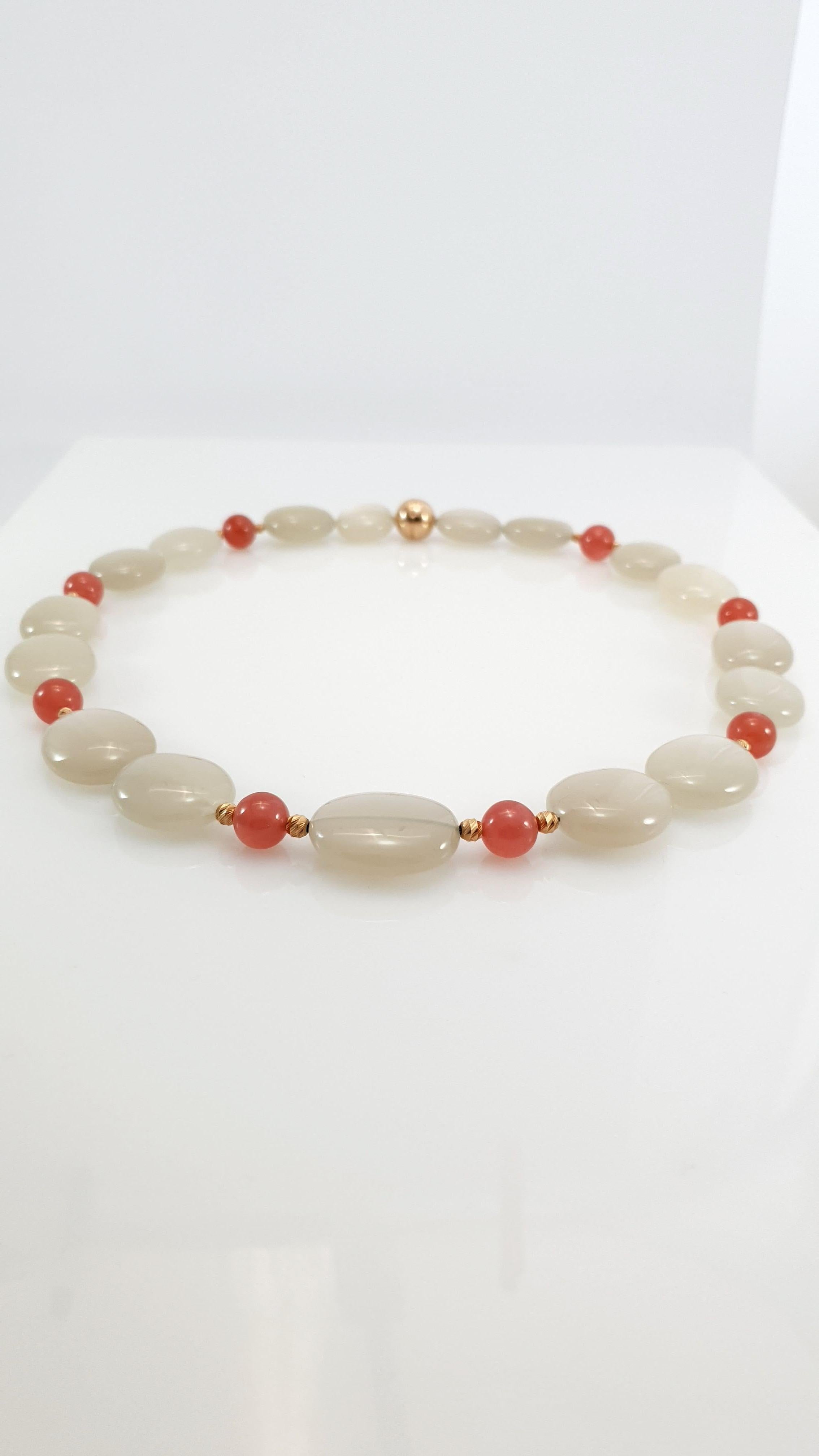 Grey Moonstone with Rhodochrosite Necklace with 18 Carat Rose Gold For Sale 10