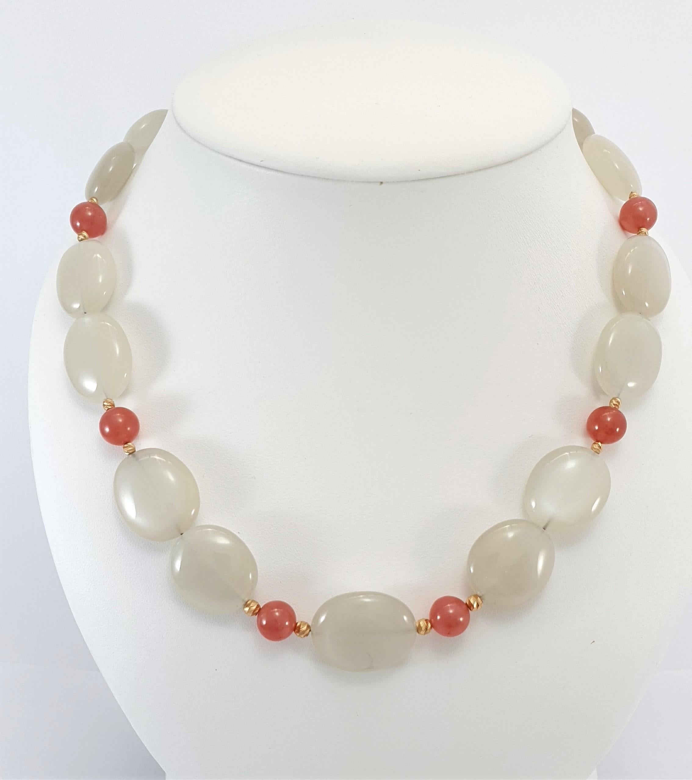 Arts and Crafts Grey Moonstone with Rhodochrosite Necklace with 18 Carat Rose Gold For Sale