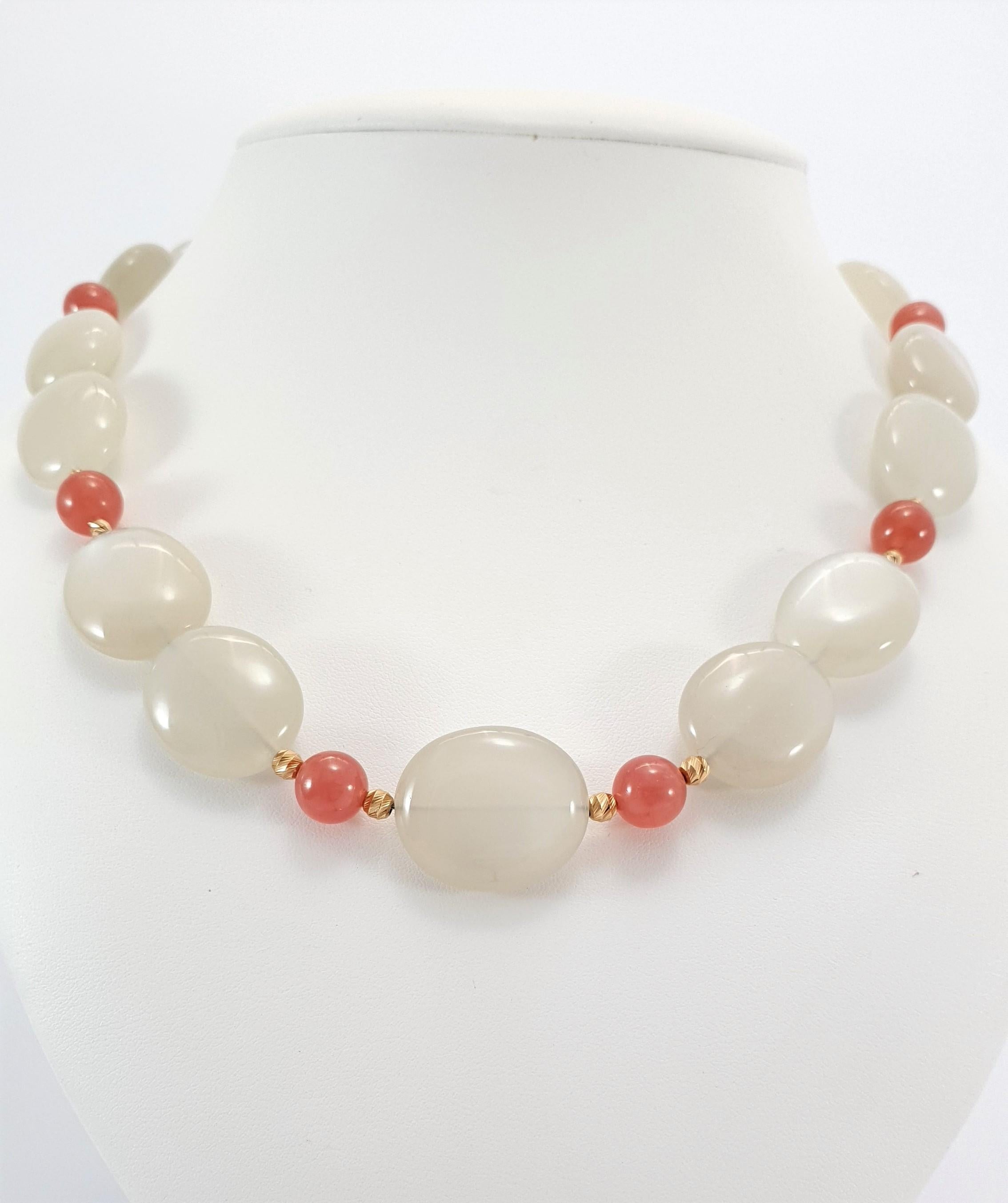 Bead Grey Moonstone with Rhodochrosite Necklace with 18 Carat Rose Gold For Sale