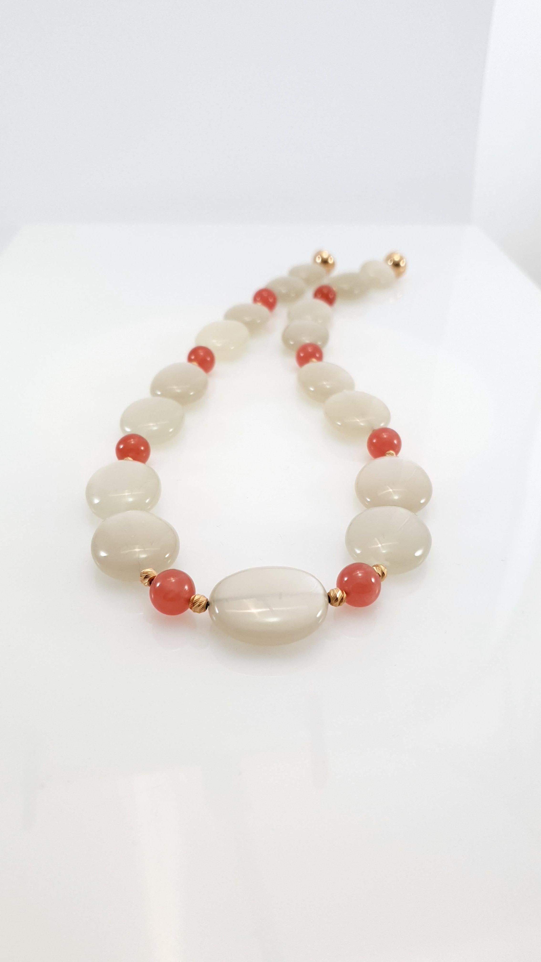 Grey Moonstone with Rhodochrosite Necklace with 18 Carat Rose Gold For Sale 1