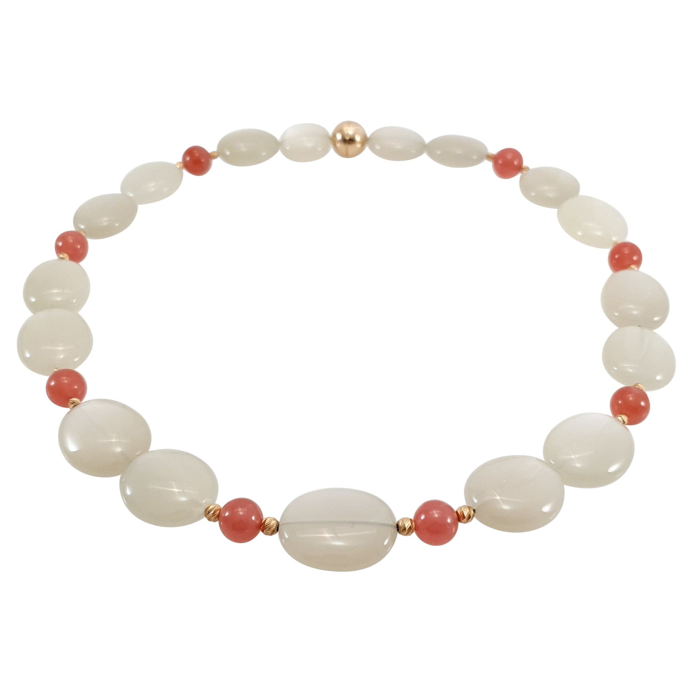 Collana in pietra di luna grigia con rodocrosite e oro rosa 18 carati