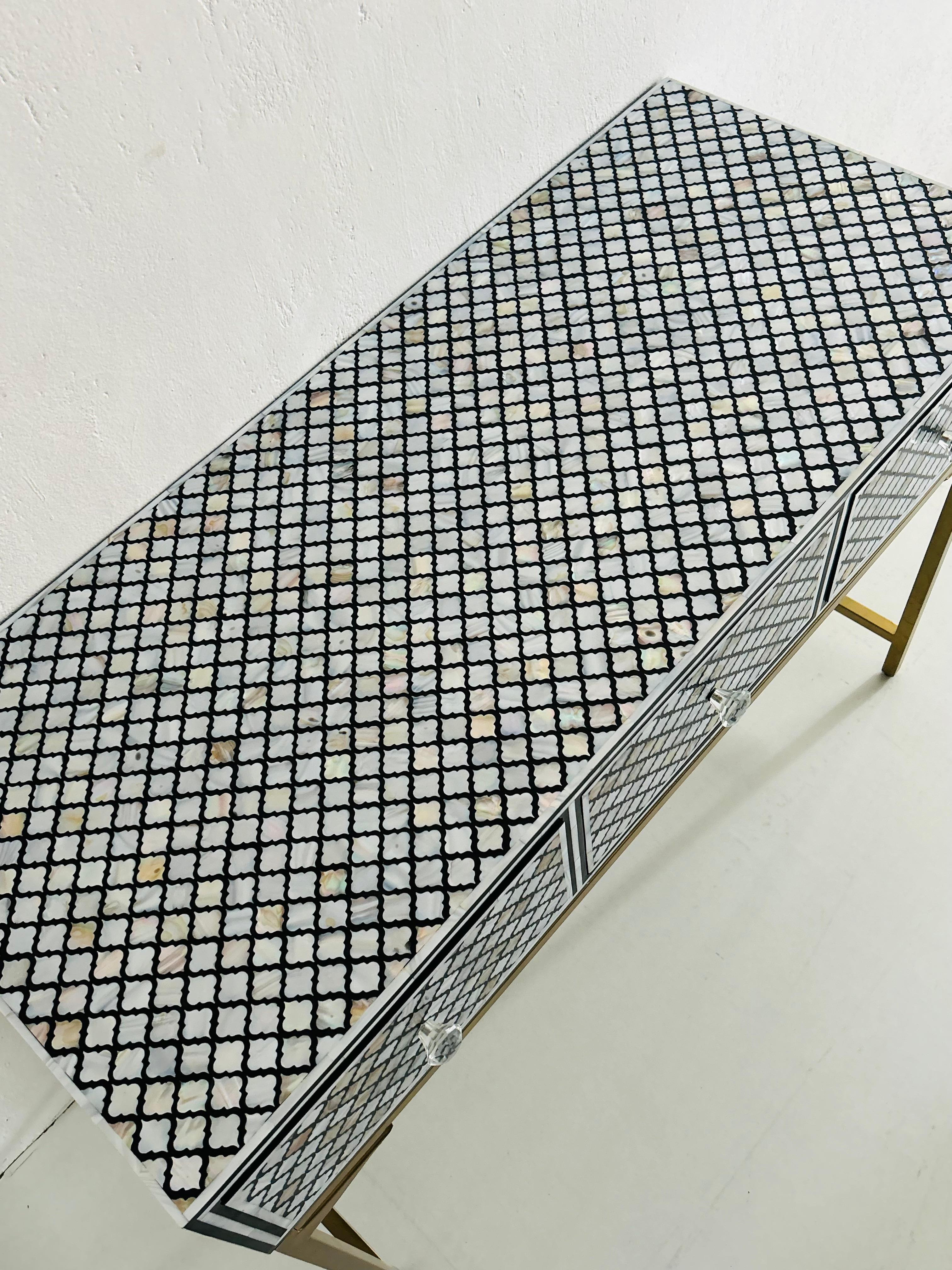Intarsio Tavolo consolle MOP nero, tavolo con motivo geometrico, tavolo da ingresso in vendita