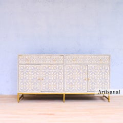 Grey Moroccan Zellige Pattern Inlay Side Board Handcrafted by Artisanal
