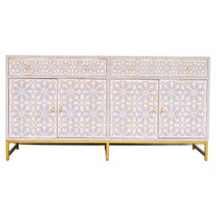 Planche d'appoint marocaine grise à motif zellige incrustée, fabriquée à la main par Artisanal