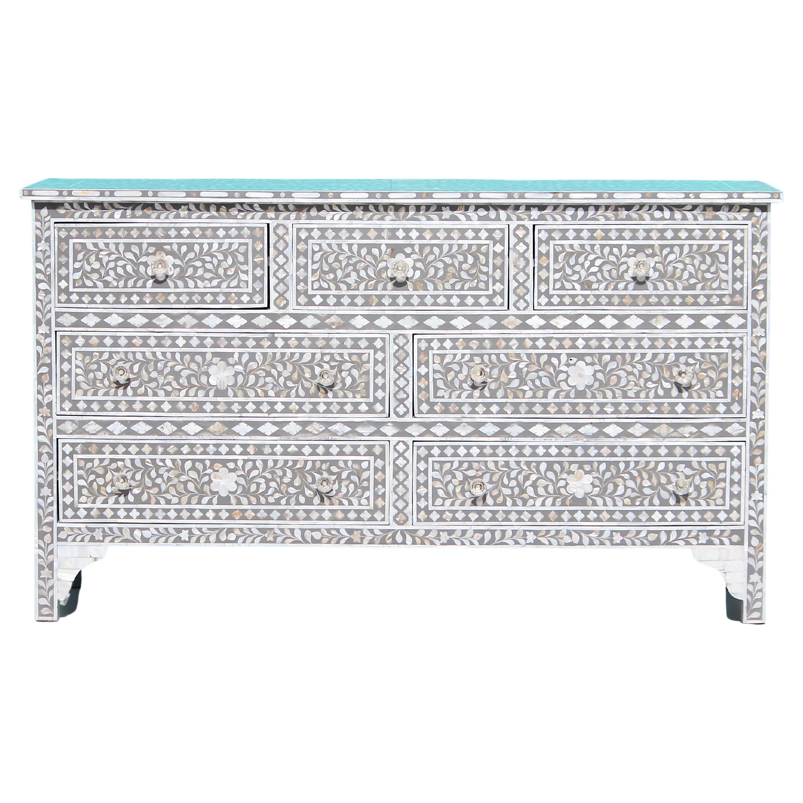 Grey Mother of Pearl Seven-Drawer Dresser with Glass Knobs by House of Jaipur For Sale