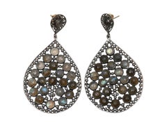 Grey & Multicolor Bavna Labradorite & Pave Diamond Teardrop Earrings