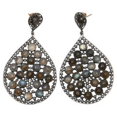 Grey & Multicolor Bavna Labradorite & Pave Diamond Teardrop Earrings