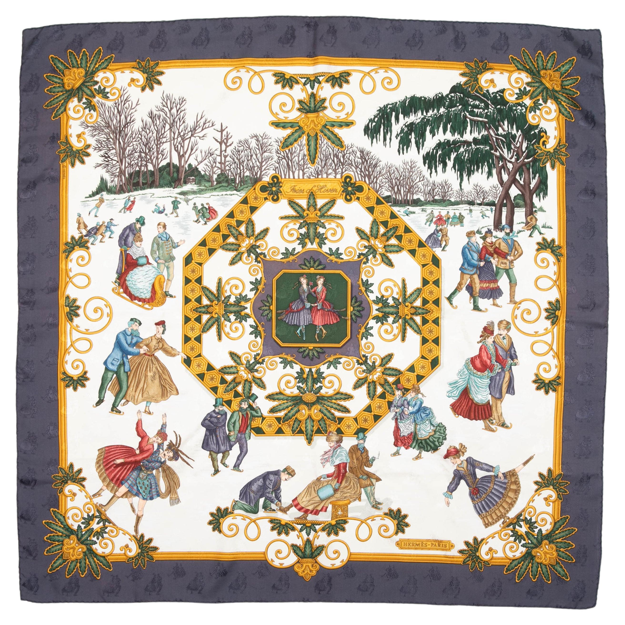 Grey & Multicolor Hermes Joie D'Hiver Motif Printed Silk Scarf For Sale