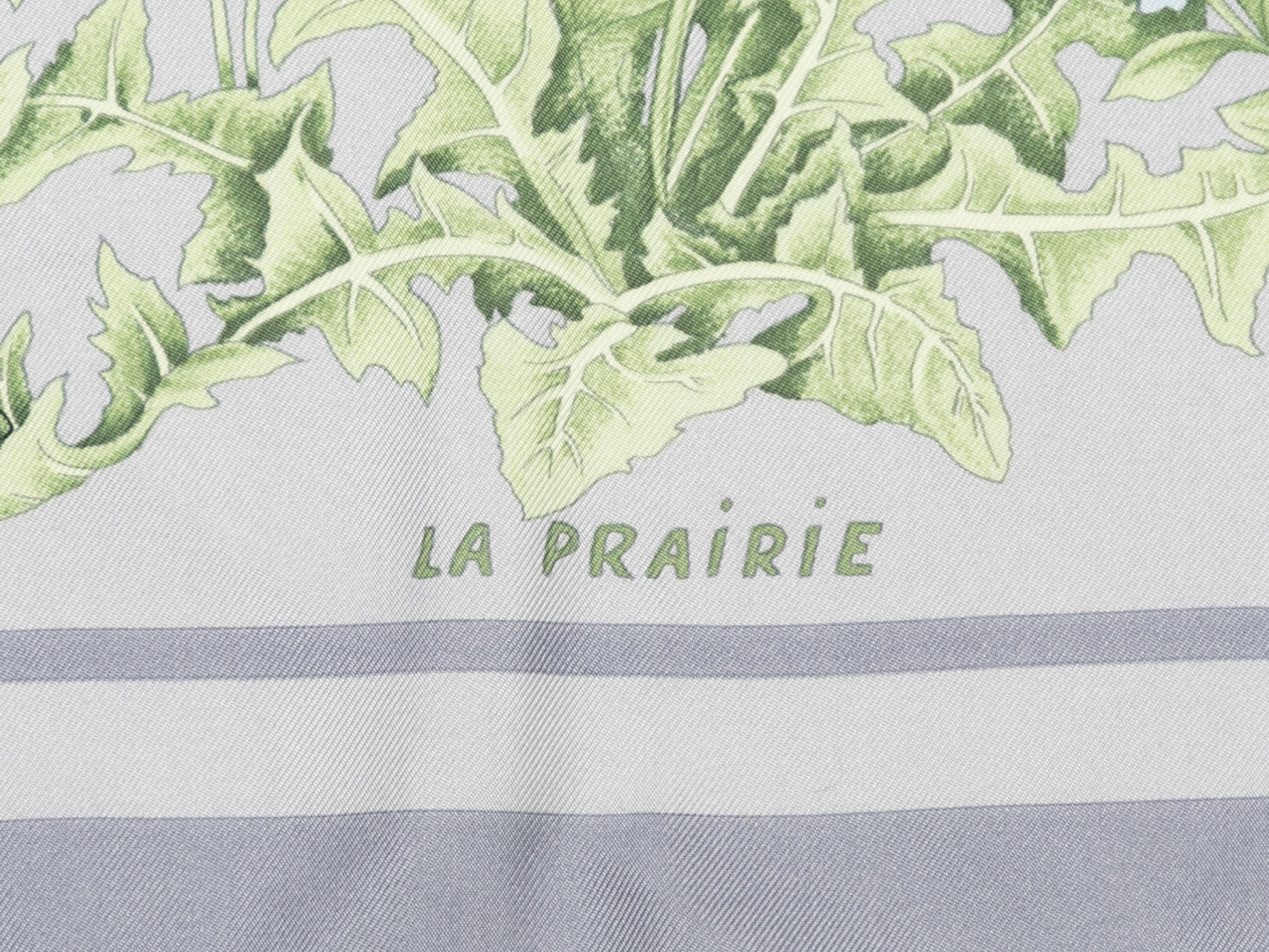 Grey & Multicolor Hermes La Prairie Motif Print Silk Scarf In Good Condition For Sale In New York, NY