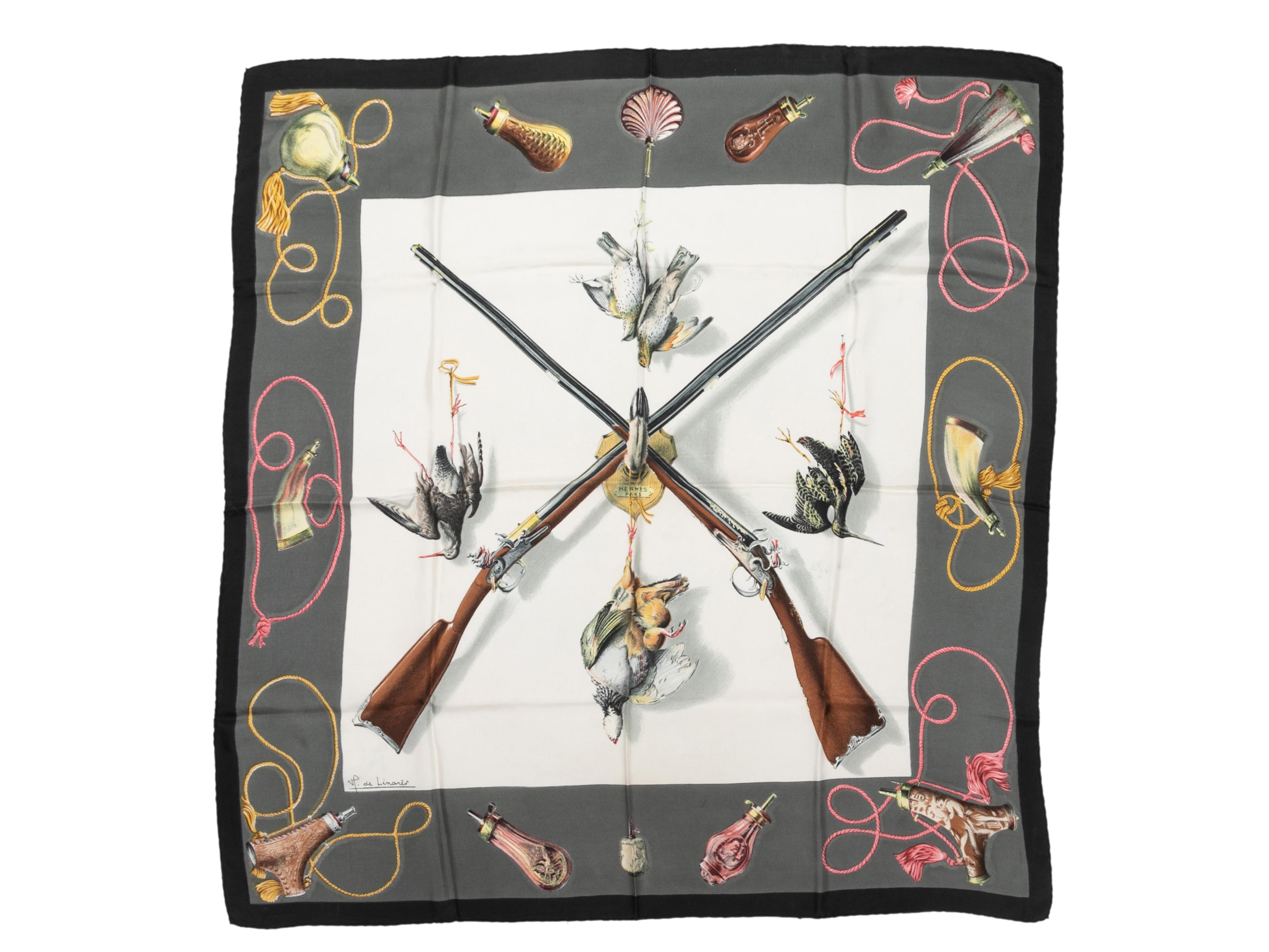 Grey & Multicolor Hermes Les Fusils Motif Printed Silk Scarf In Good Condition For Sale In New York, NY