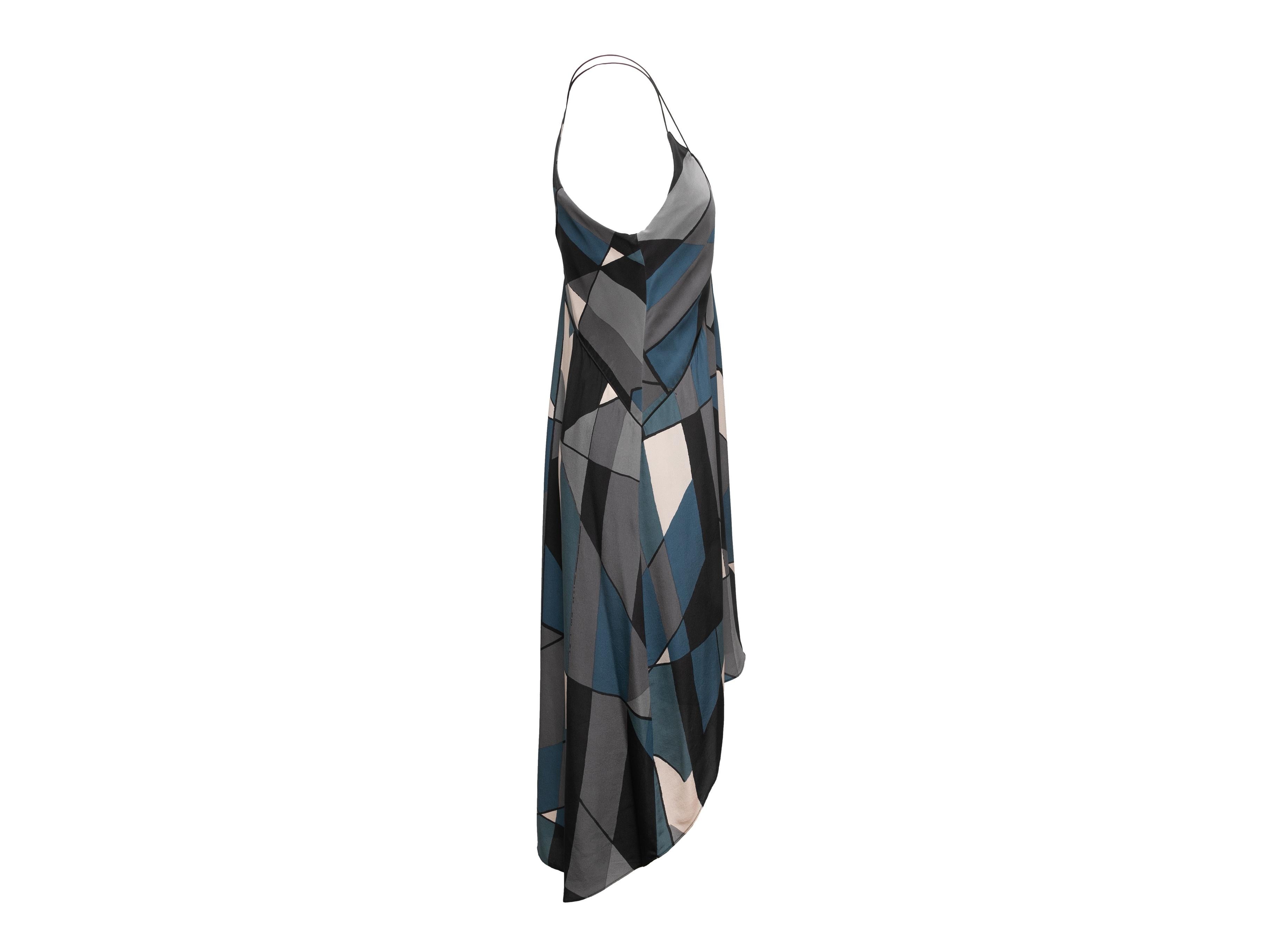 Grey and multicolor geometric print silk dress by Valentino. Round neckline. Narrow straps. Asymmetrical hem. 36