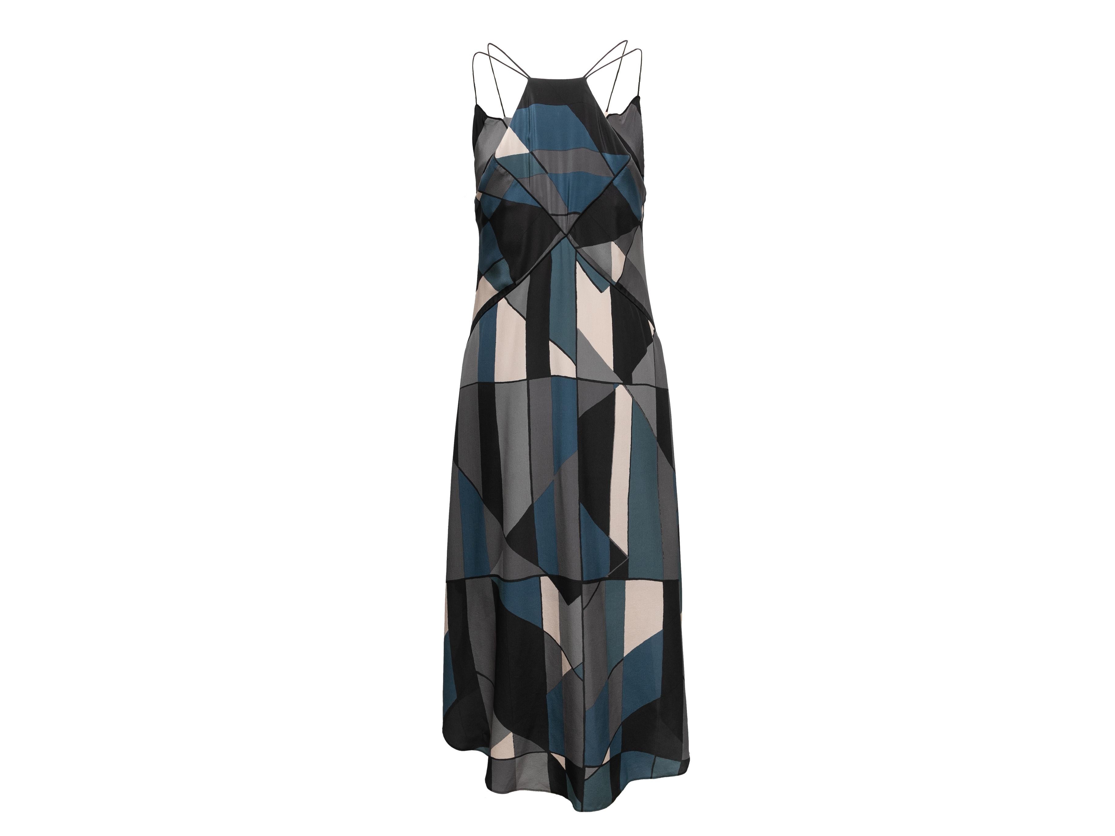 Grey & Multicolor Valentino Geometric Print Silk Dress Size US M In Excellent Condition For Sale In New York, NY