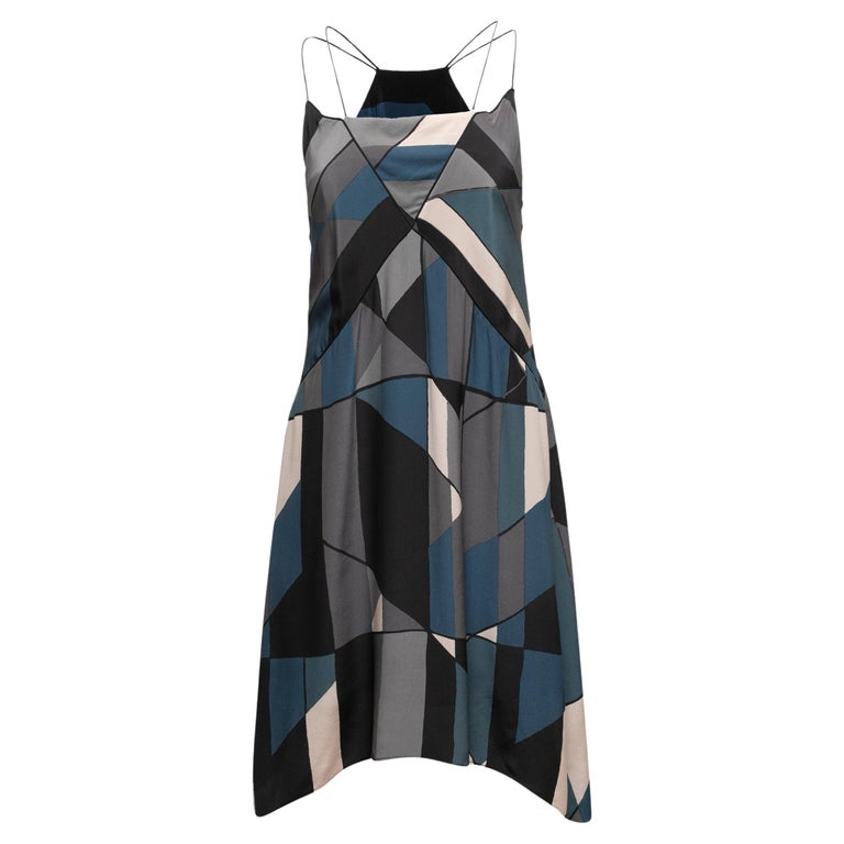 Grey and Multicolor Valentino Geometric Print Silk Dress Size US M For Sale  at 1stDibs