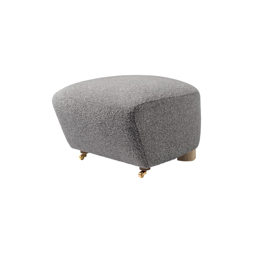 Grey natural oak Sahco zero the tired man footstool by Lassen
Dimensions: W 55 x D 53 x H 36 cm 
Materials: Textile

Flemming Lassen designed the overstuffed easy chair, The Tired Man, for The Copenhagen Cabinetmakers’ Guild Competition in 1935.